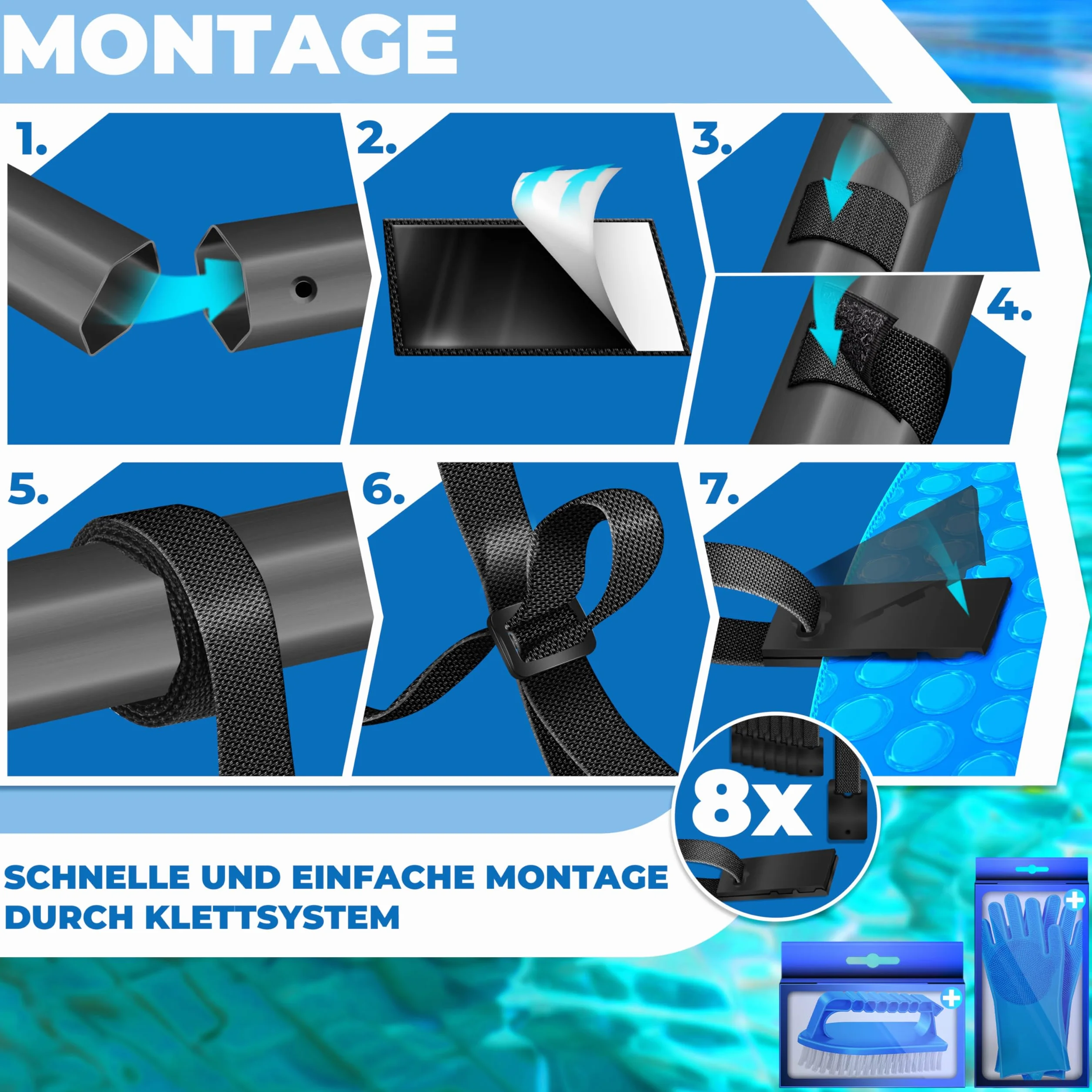 KESSER Enrollador de piscina 1,05 m – 6,15 m para lona solar resistente a la intemperie con cintas cepillo y guantes