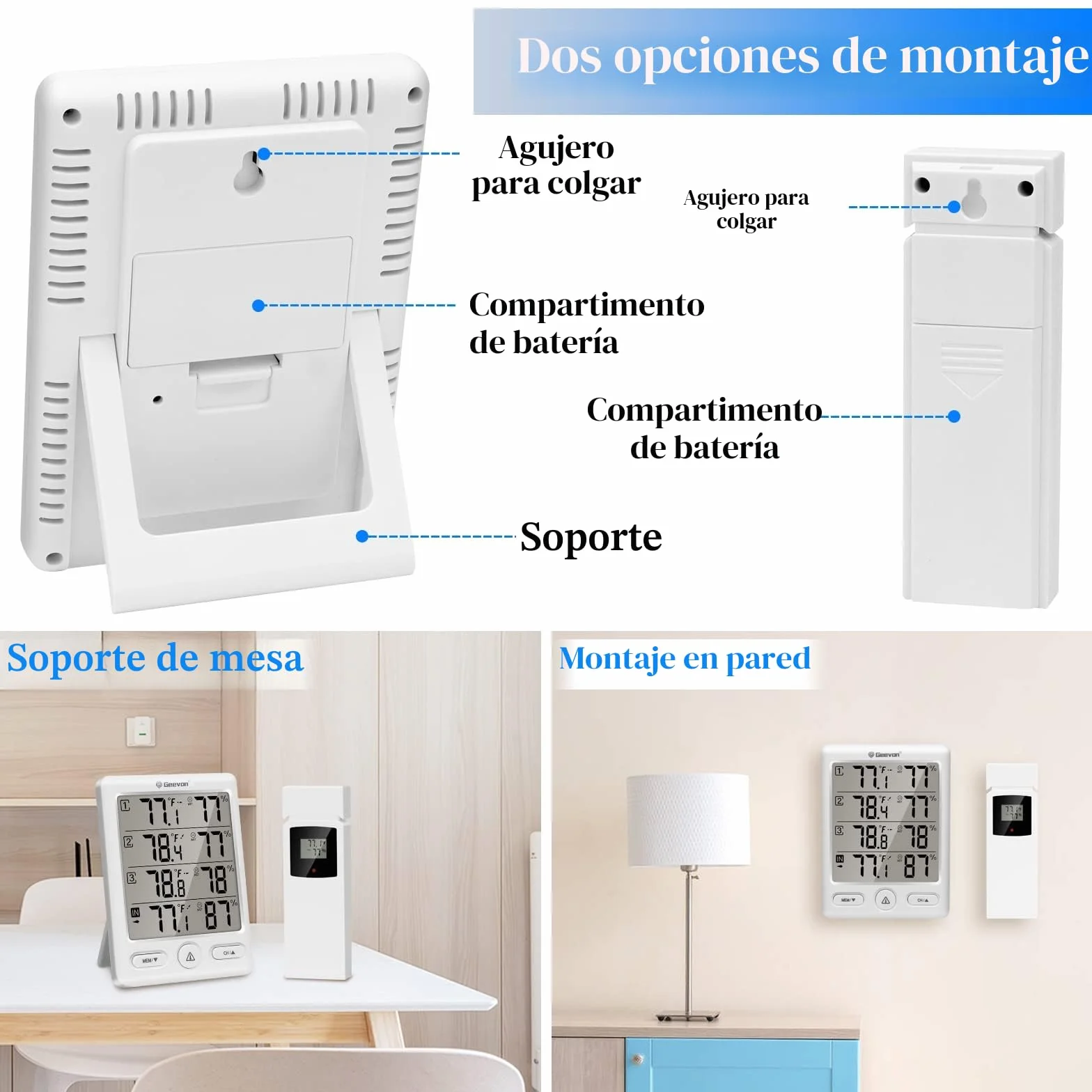 Geevon Termómetro inalámbrico interiores exteriores con 3 sensores remotos higrómetro digital rango 60 m