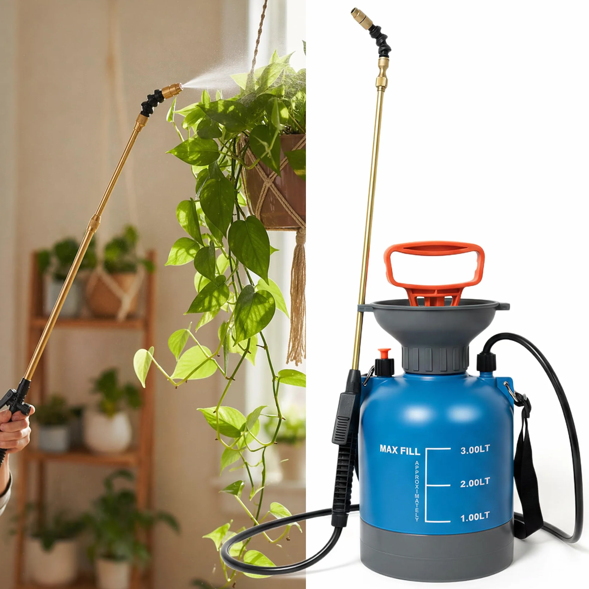 Riego de plantas de alto alcance para plantas colgantes de interior, pulverizador de presión de bomba telescópica con varita de latón y boquilla de riego ajustable de 180°, dispositivos de riego