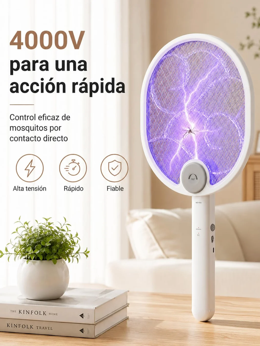 Raqueta Mosquitos Eléctrico Plegable 4000V 1800mAh USB 3 en 1 Recargable Mosquito Killer Trampa Portátil 3 Capas Malla Seguridad Base Soporte Pared
