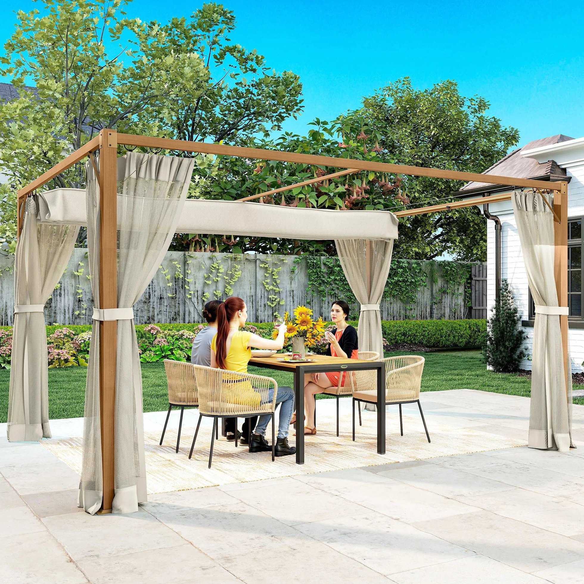 Outsunny Pérgola de Jardín 3x4 m con Techo Retráctil y 4 Paredes Laterales de Malla, Cenador de Jardín con Estructura de Aluminio, UPF30+, Pabellón para Exterior, Patio, Terraza, Natural