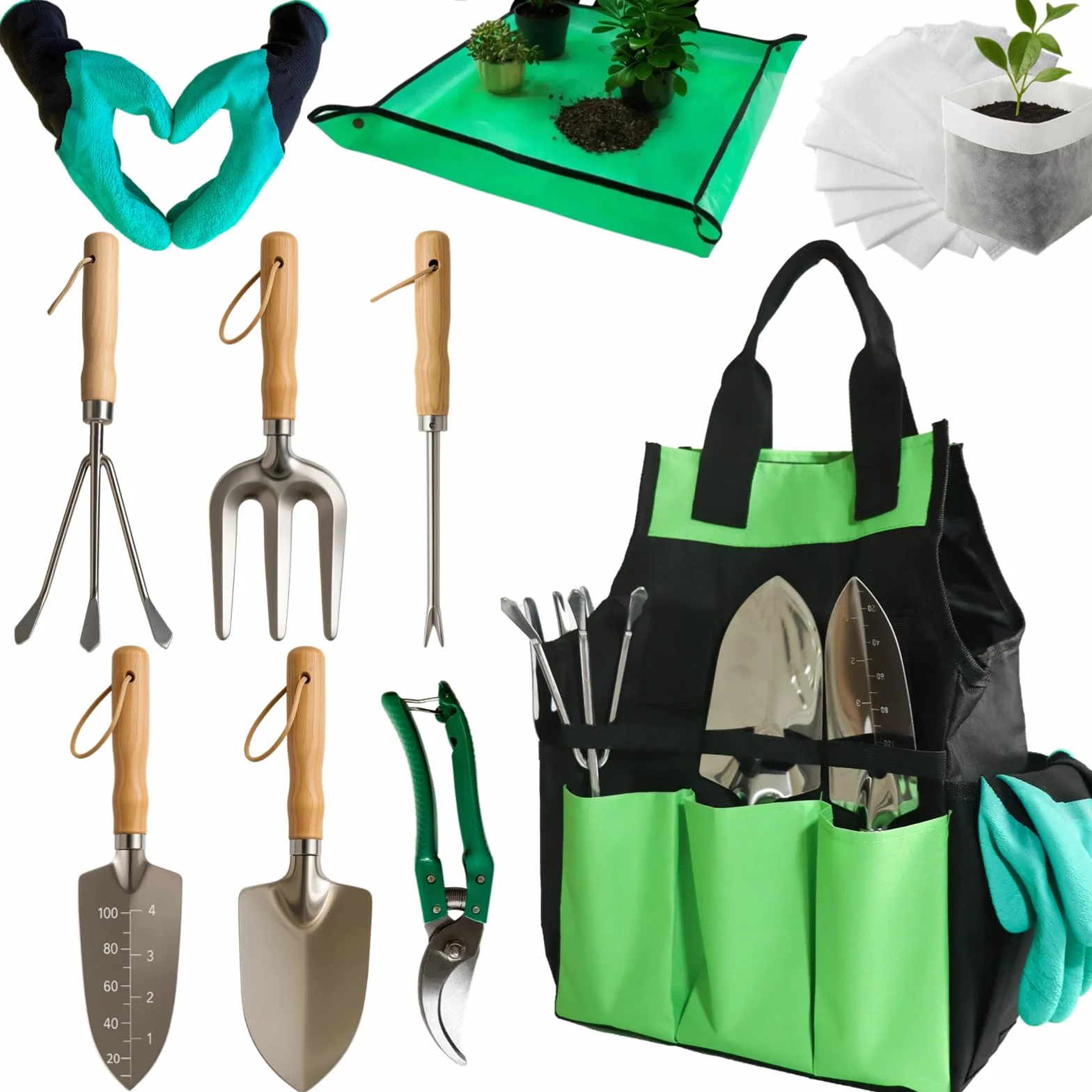 Juego de herramientas de jardín de 10 piezas, herramientas manuales de jardinería de acero inoxidable resistente con alfombrilla de trasplante y bolsas de cultivo, juego de herramientas de jardinería