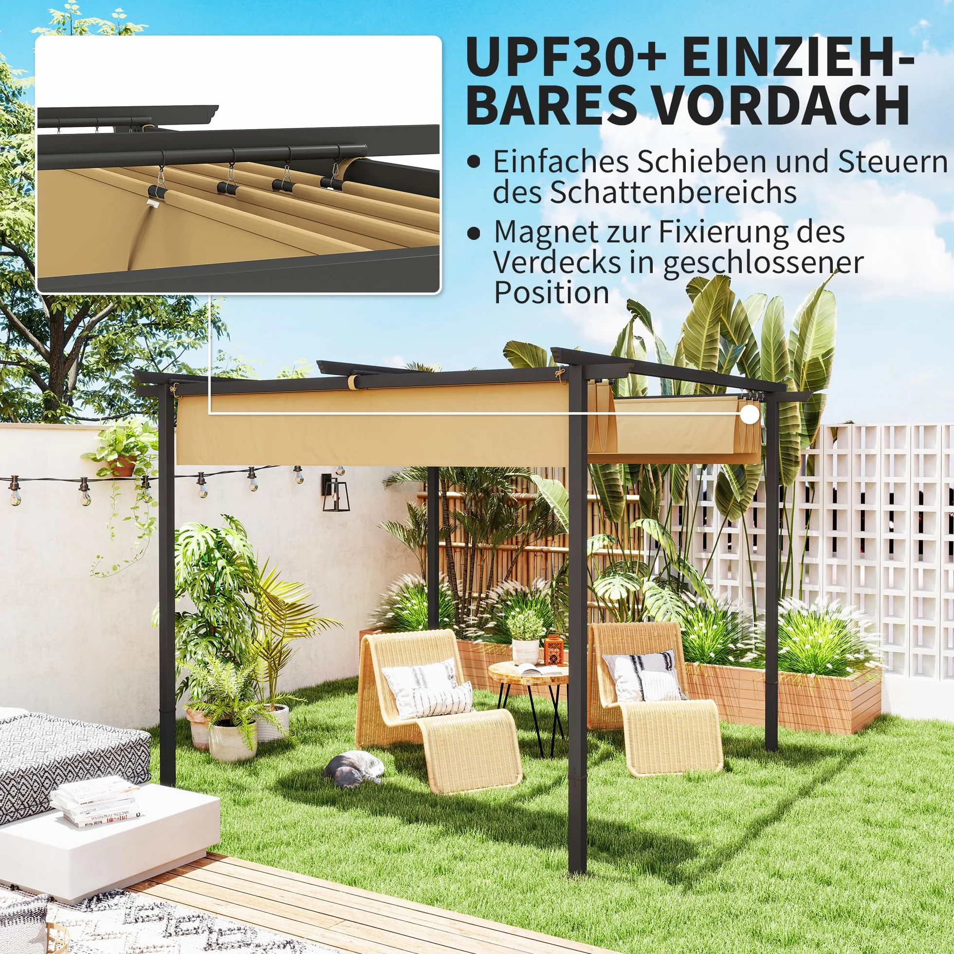 Outsunny Pérgola 3x3m Pabellón de jardín con techo de terraza de metal, pabellón de jardín con techo solar ajustable, protección UV 30+ Protección solar independiente para terraza y jardín, Beige
