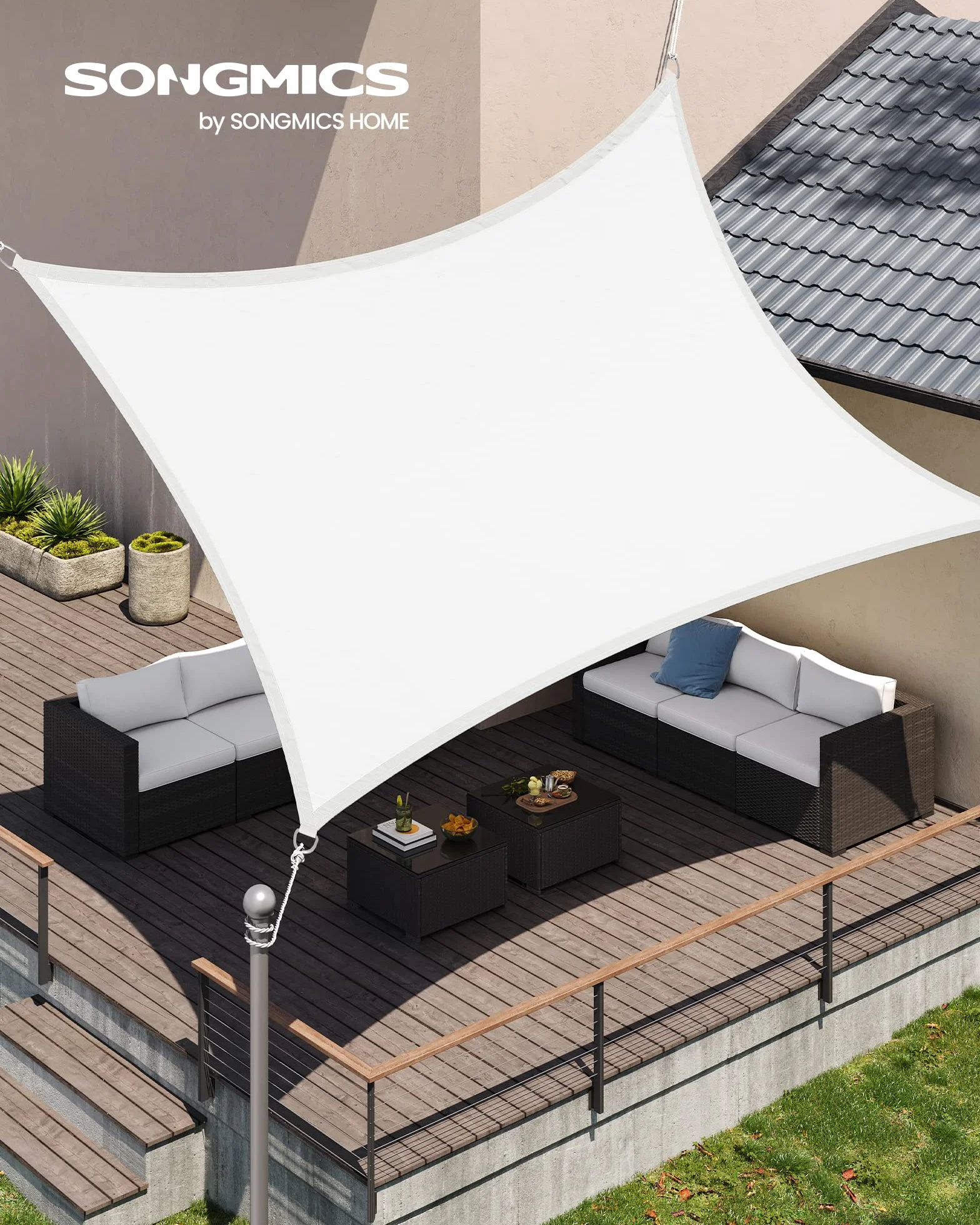SONGMICS Vela de Sombra Impermeable 2 x 3 m, Protección Solar UV 93%, Rectangular, Blanco GSH23WT