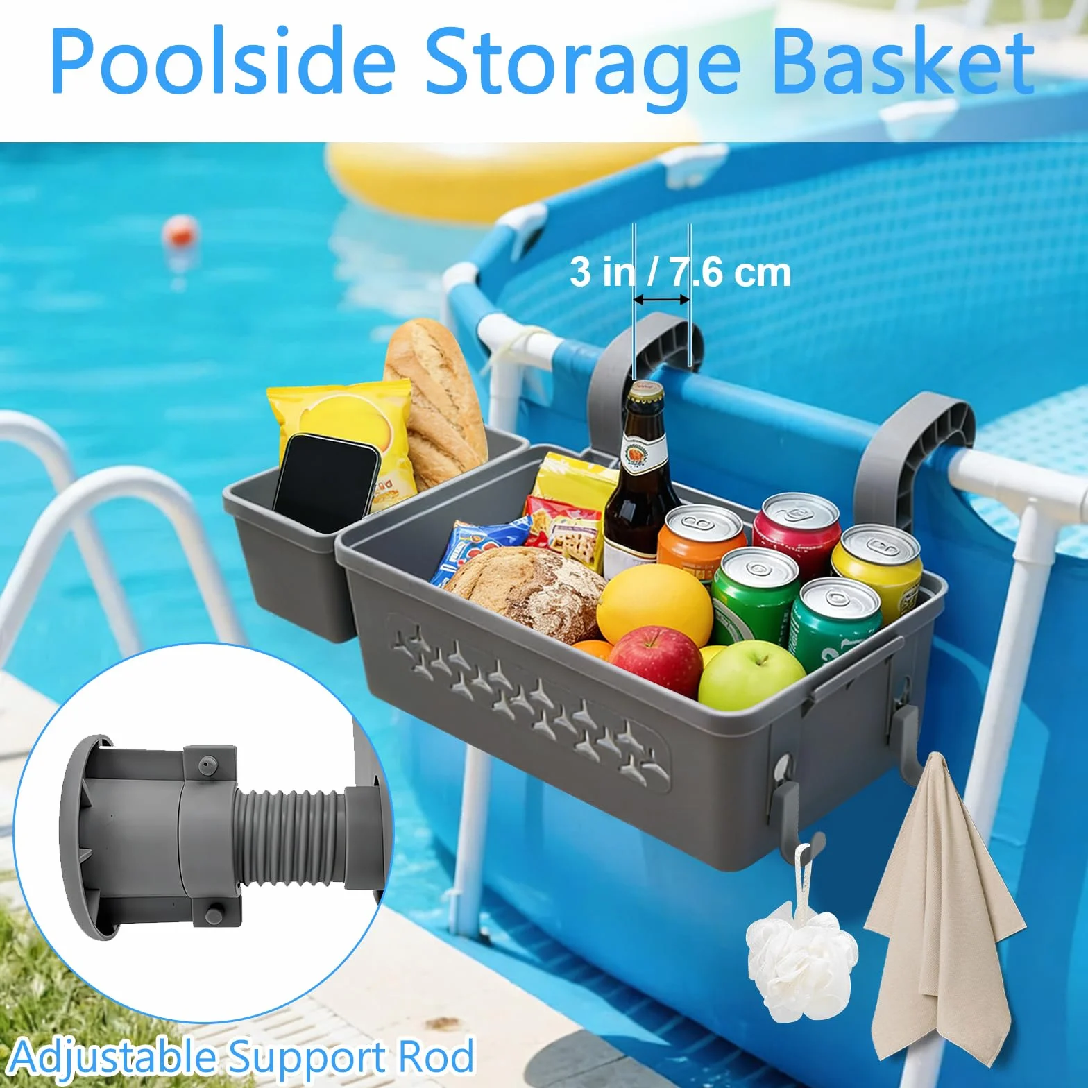 Cesta de Almacenamiento para Piscina Colgante con Portavasos y Ganchos