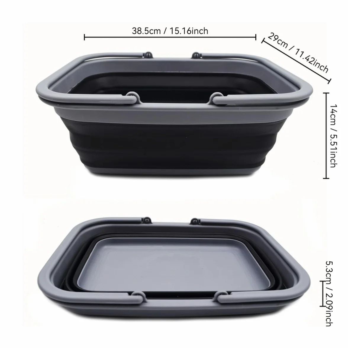 SAMMART Bañera plegable de 9.2 L con asa, cesta portátil de picnic al aire libre, bolsa de compras plegable, contenedor de almacenamiento para ahorrar espacio (negro y azul, 2)