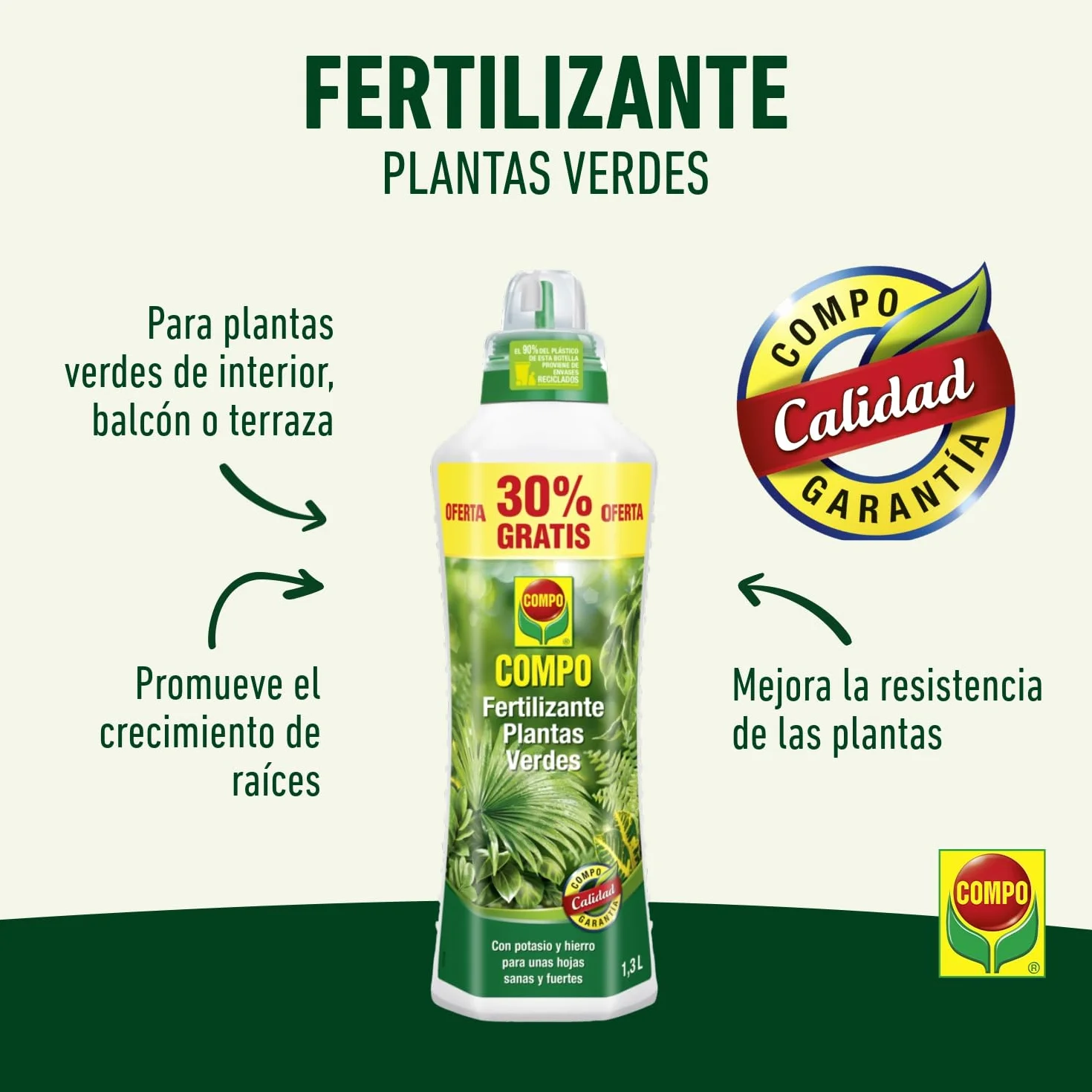 COMPO Fertilizante líquido para plantas verdes con potasio y hierro, 1,3 L
