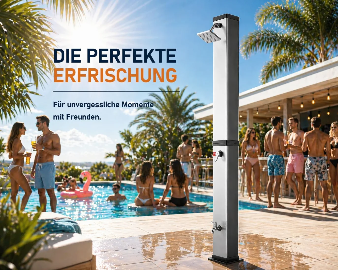 Ducha Solar de Jardín Exterior 40 Litros Hasta 60°C Grifo Conexión Manguera Cabezal Regulable Ocean Negro/Plata