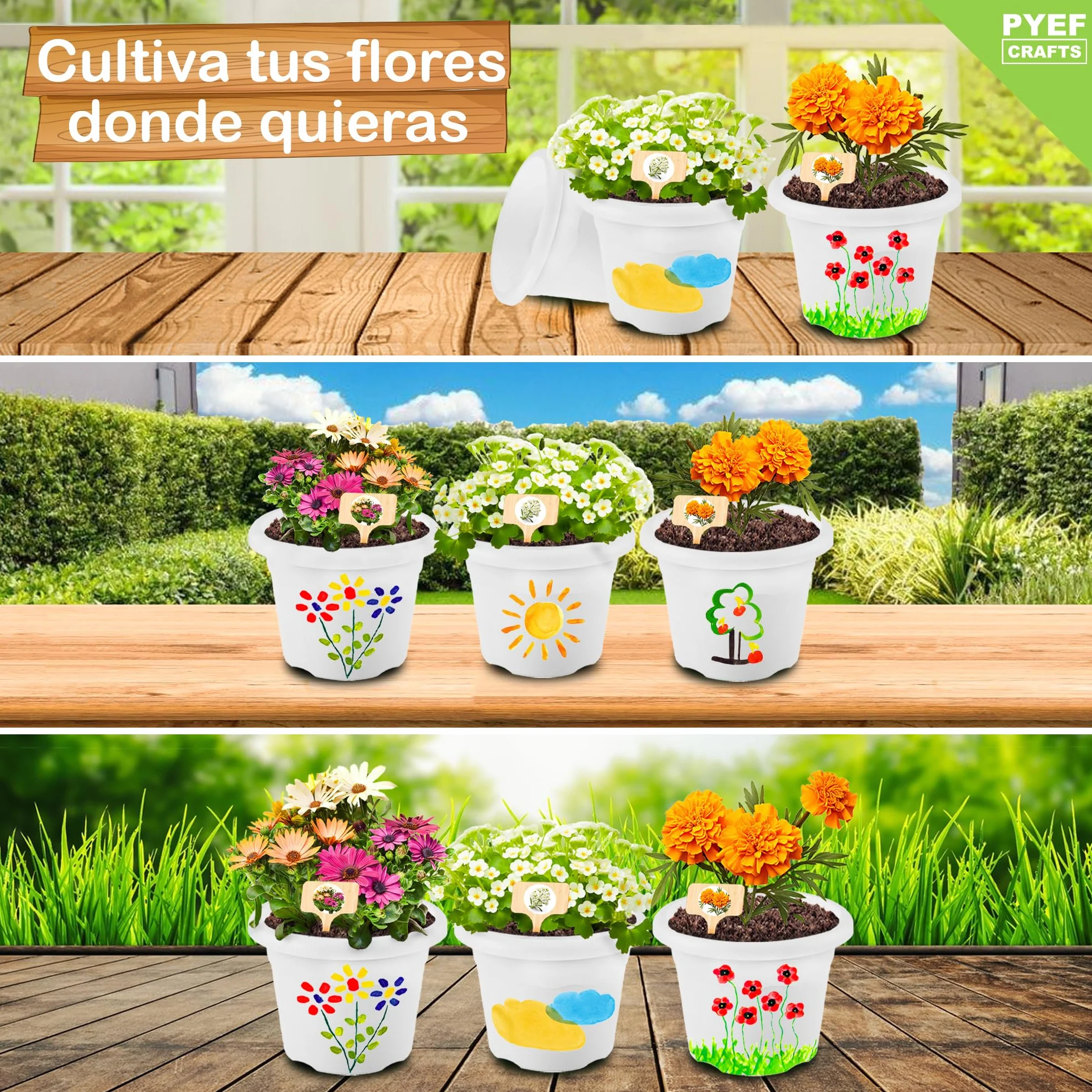 PYEF CRAFTS Kit Cultivo Flores Pinturas para Niños - Huerto Urbano Manualidades Juguetes 3-10 años
