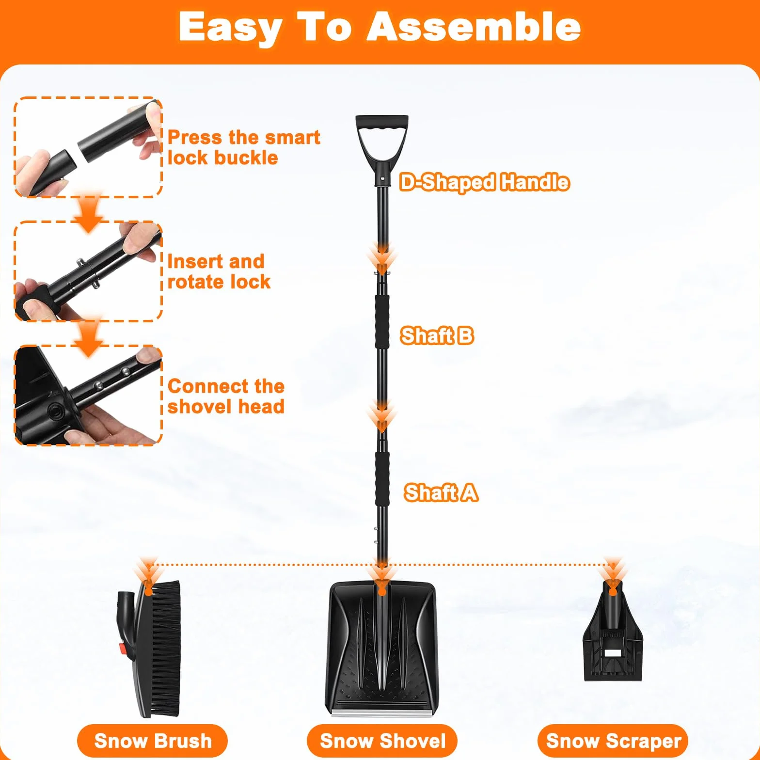 Pala de Nieve Ajustable 112 cm, Diseño Desmontable 3 Piezas, Mango en Forma de D para Coches, Camiones, Camping