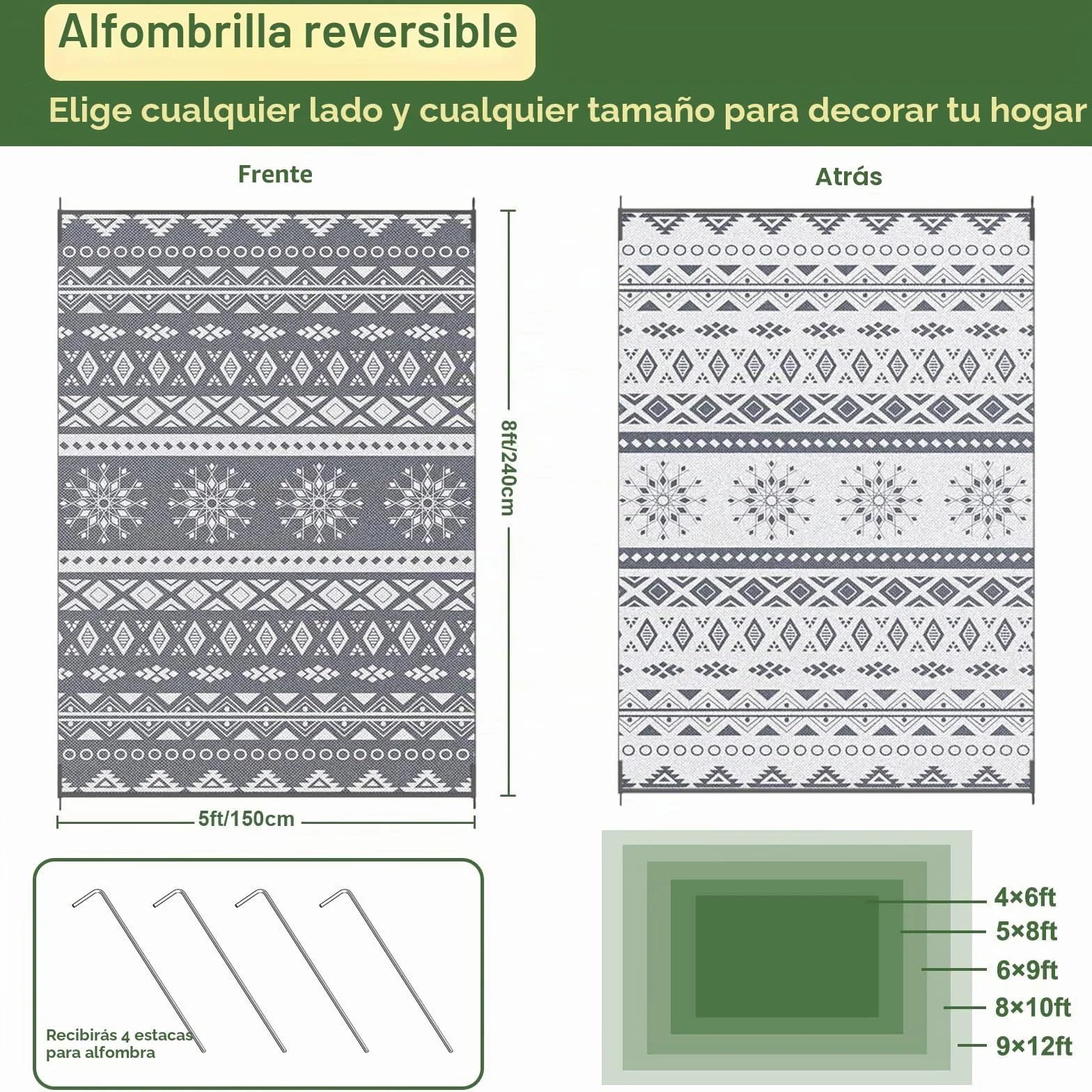MOKANI Alfombra exterior impermeable reversible 150x240 cm plástico grande UV resistente