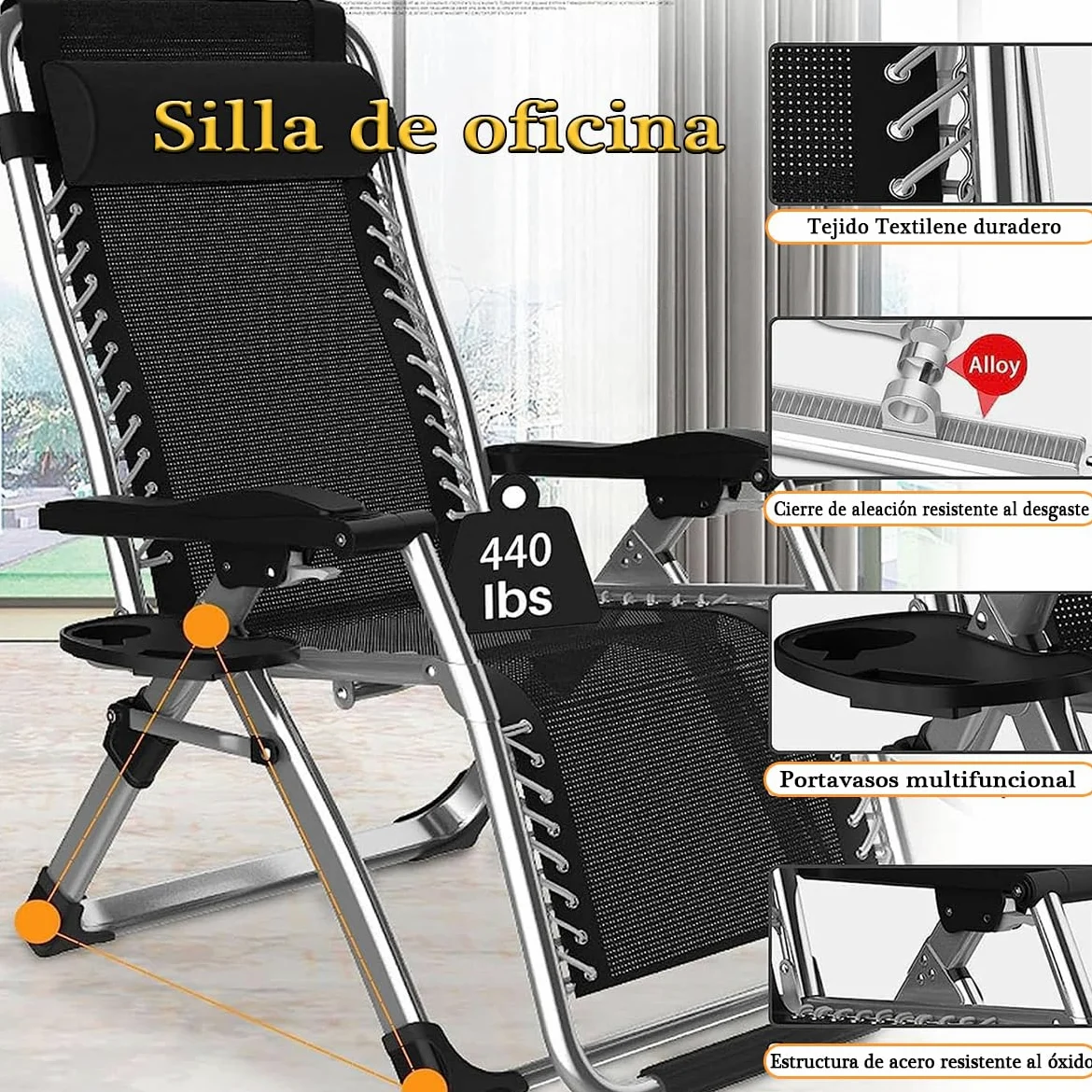 Tumbona Plegable Interior, Tumbonas Jardin Exterior Acolchada Pack de 2 Silla Gravedad Cero Reclinable Camping con Soporte para Bebidas Carga MáXima 200kg (Cojín Negro)