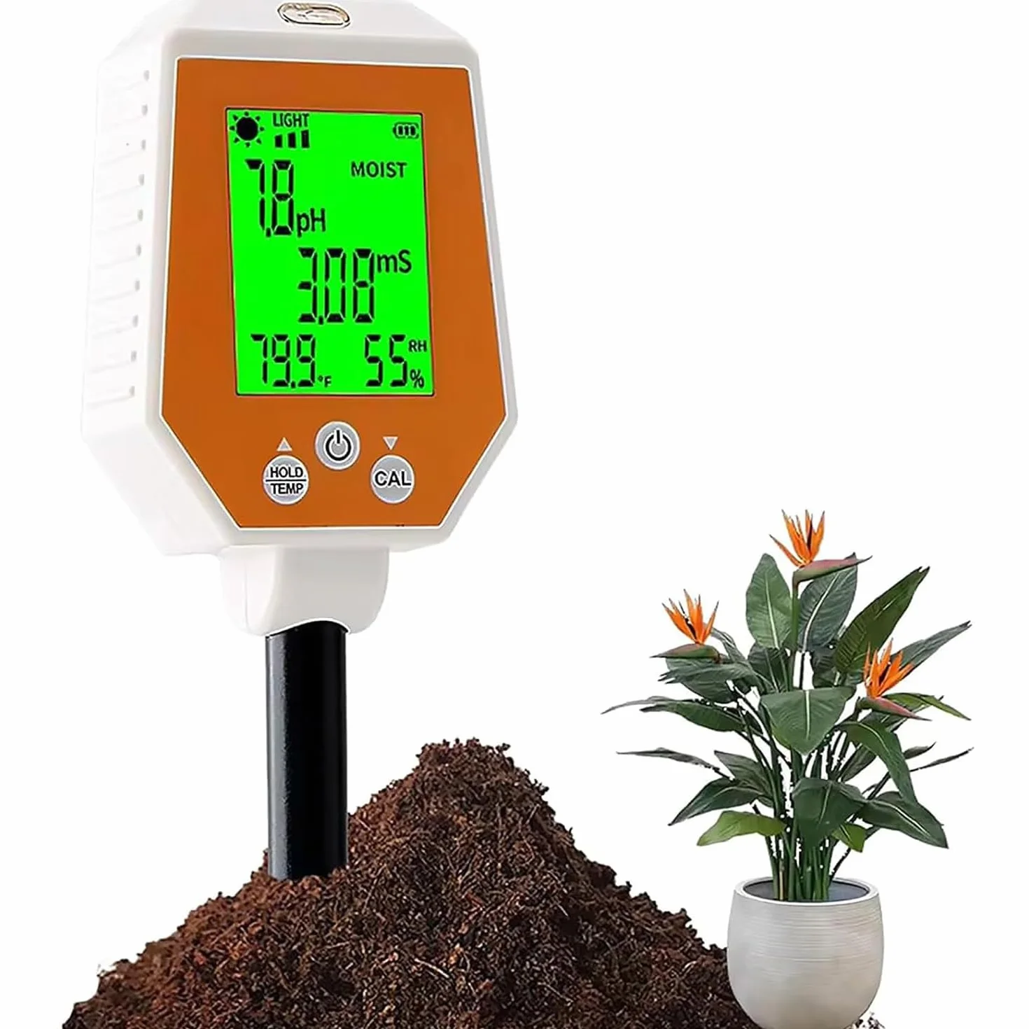 Medidor de suelo for plantas, medidor digital de humedad del suelo con medidor de pH/CE/luz/temperatura/humedad del aire, medidor de pH de conductividad del suelo de alta precisión for plantas