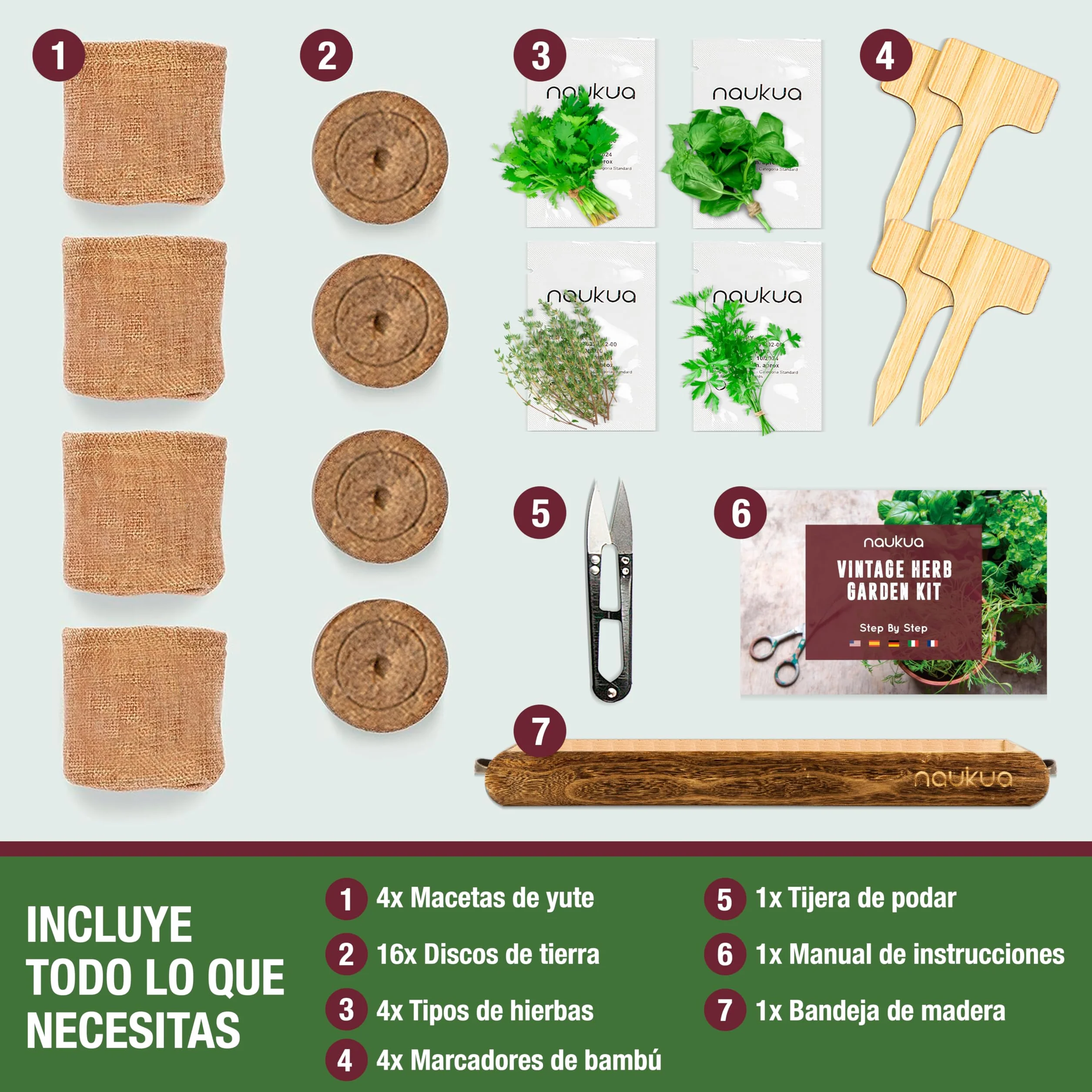 Mini Huerto Urbano Vintage Semillas Orgánicas España Kit Completo Hierbas Aromáticas Culinarias Tomillo Albahaca Perejil Cilantro