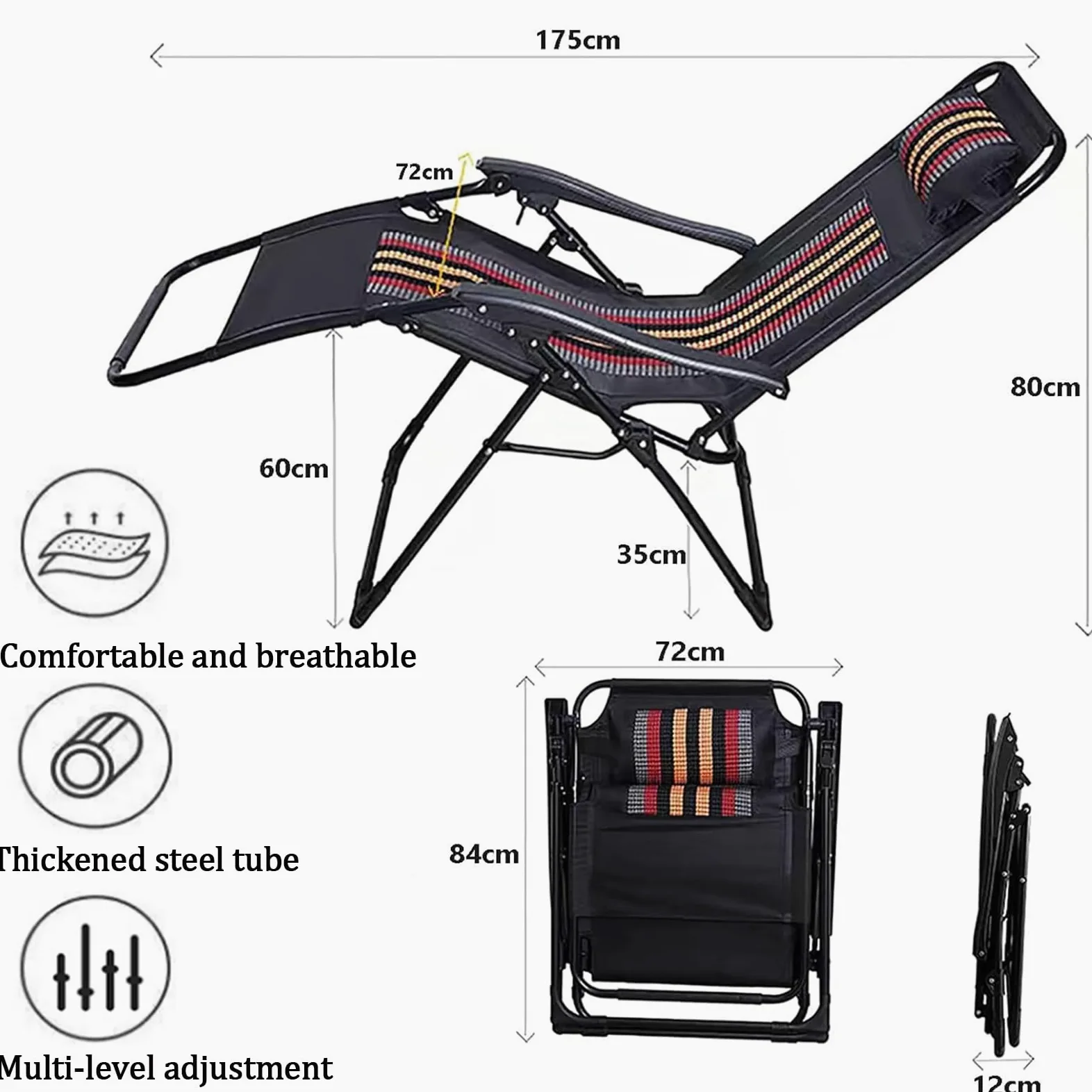 Tumbona plegable con cojín lumbar de una pieza, silla ergonómica para tumbona, respaldo ajustable, para exteriores, hasta 150 kg, silla de jardín para jardín, piscina, balcón y terraza (gris-1 unidad)