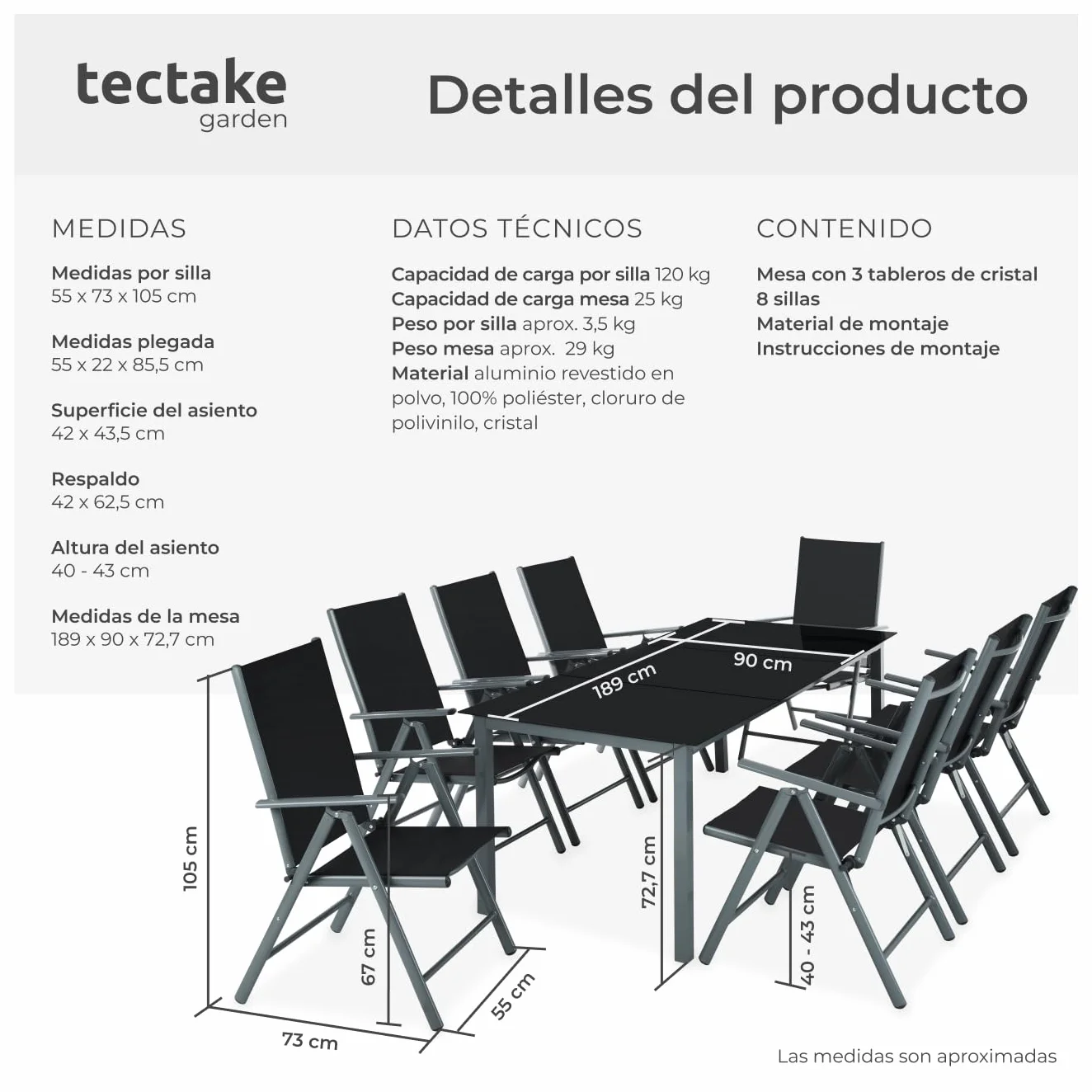 tectake Conjunto Muebles Jardín Exterior 9 Piezas, Aluminio, Mesa y Sillas Terraza Impermeables, Antracita