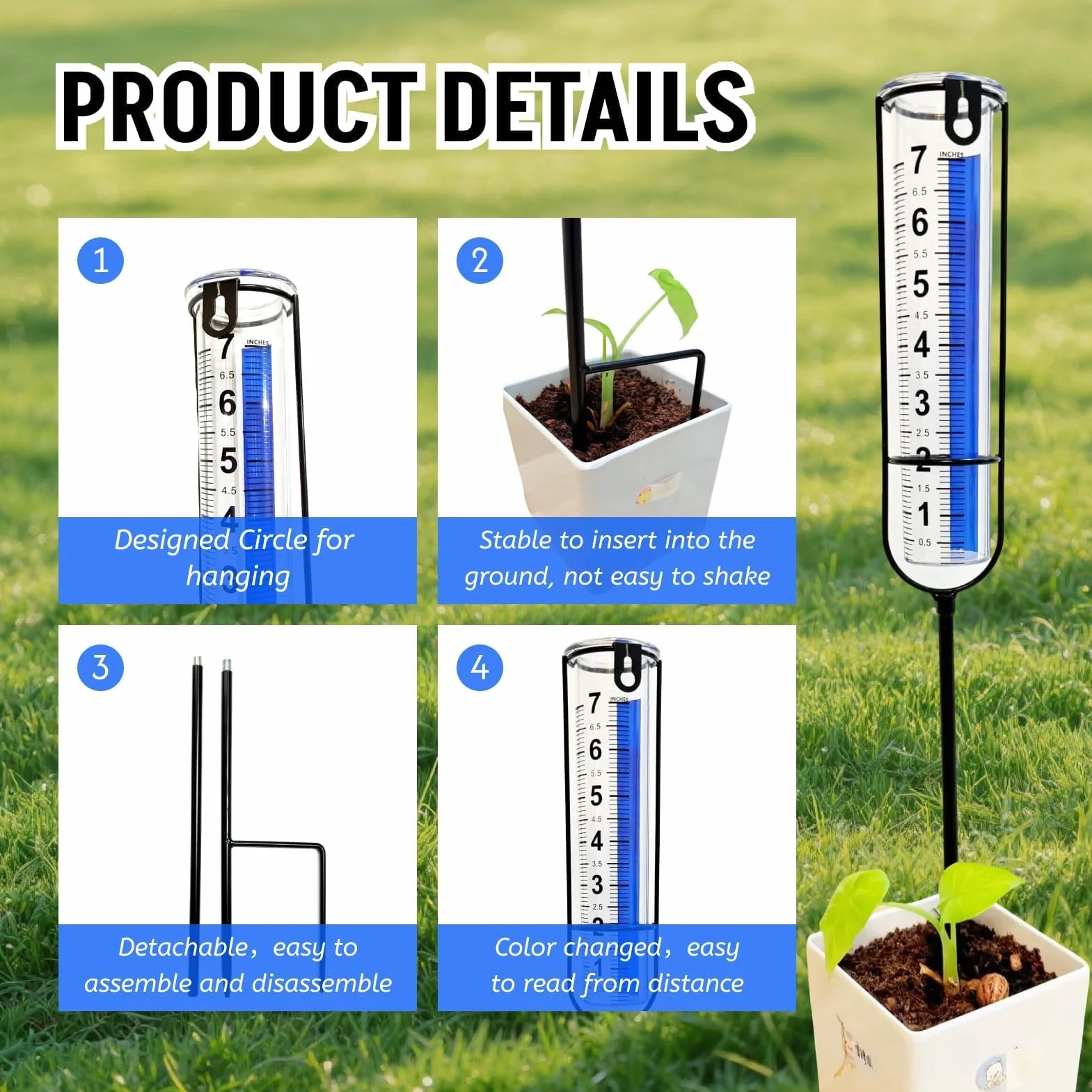 Pluviómetro Exterior 17 cm Gran Capacidad Medidor de Lluvia Desmontable para Jardín