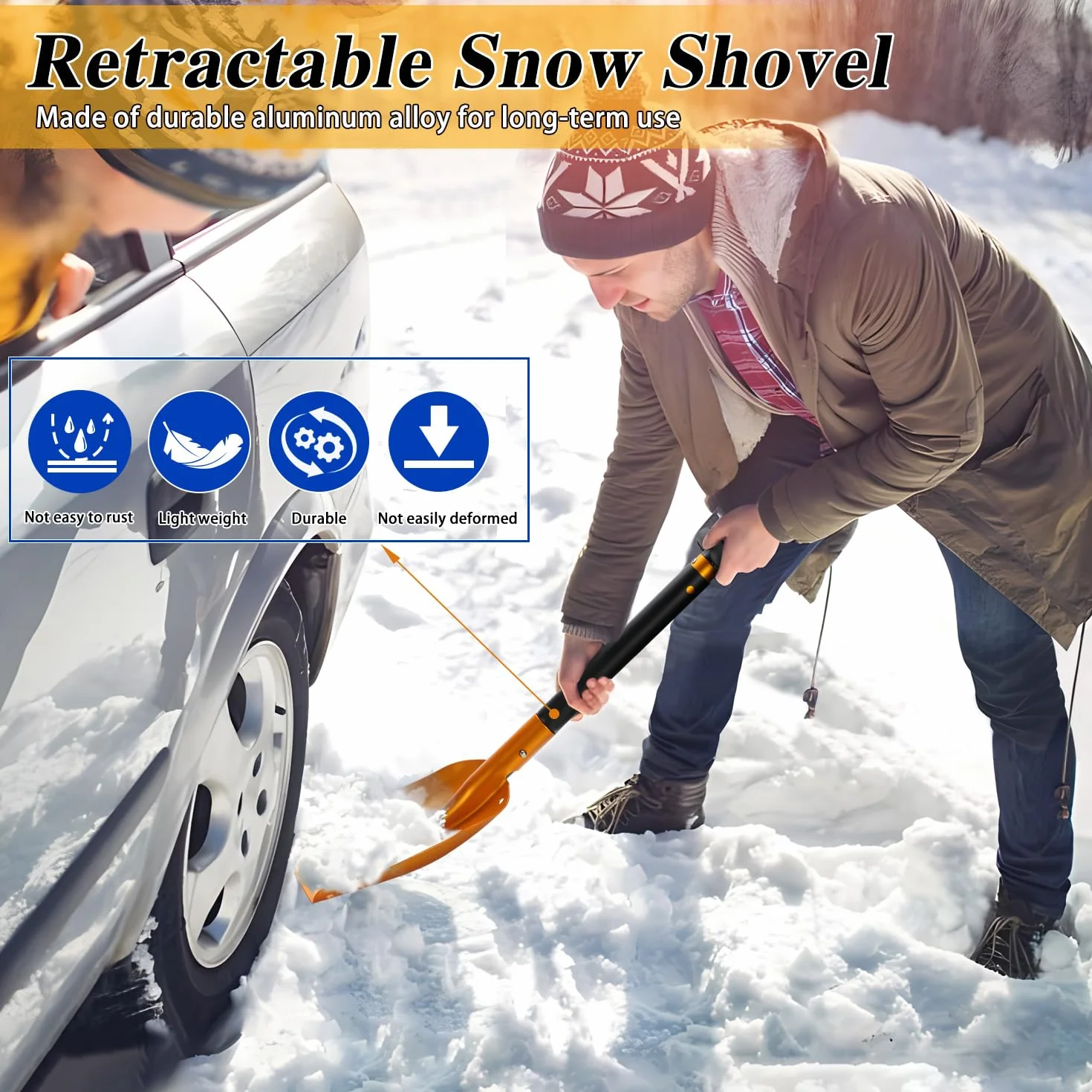 Pala de nieve plegable 4 en 1 de aluminio, 40 x 30 cm, desmontable con bolsa para emergencias
