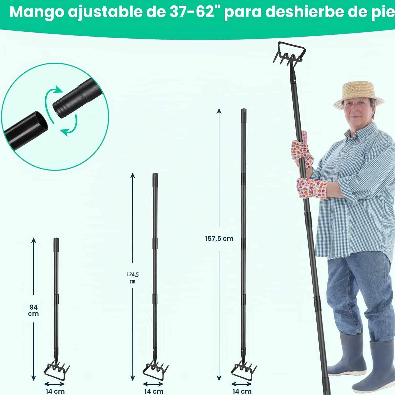 Herramientas de zapas de jardín con mango largo y anillo ajustable para deshierbar