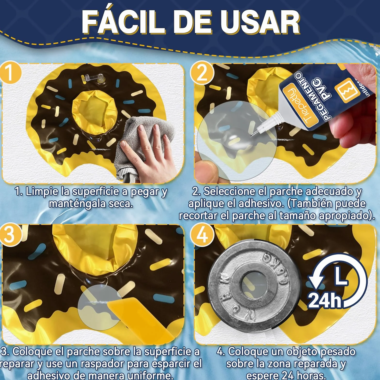 Kit de Parches Piscina Bajo Agua, Impermeables para Colchones Hinchables, PVC, Transparente, 60ML