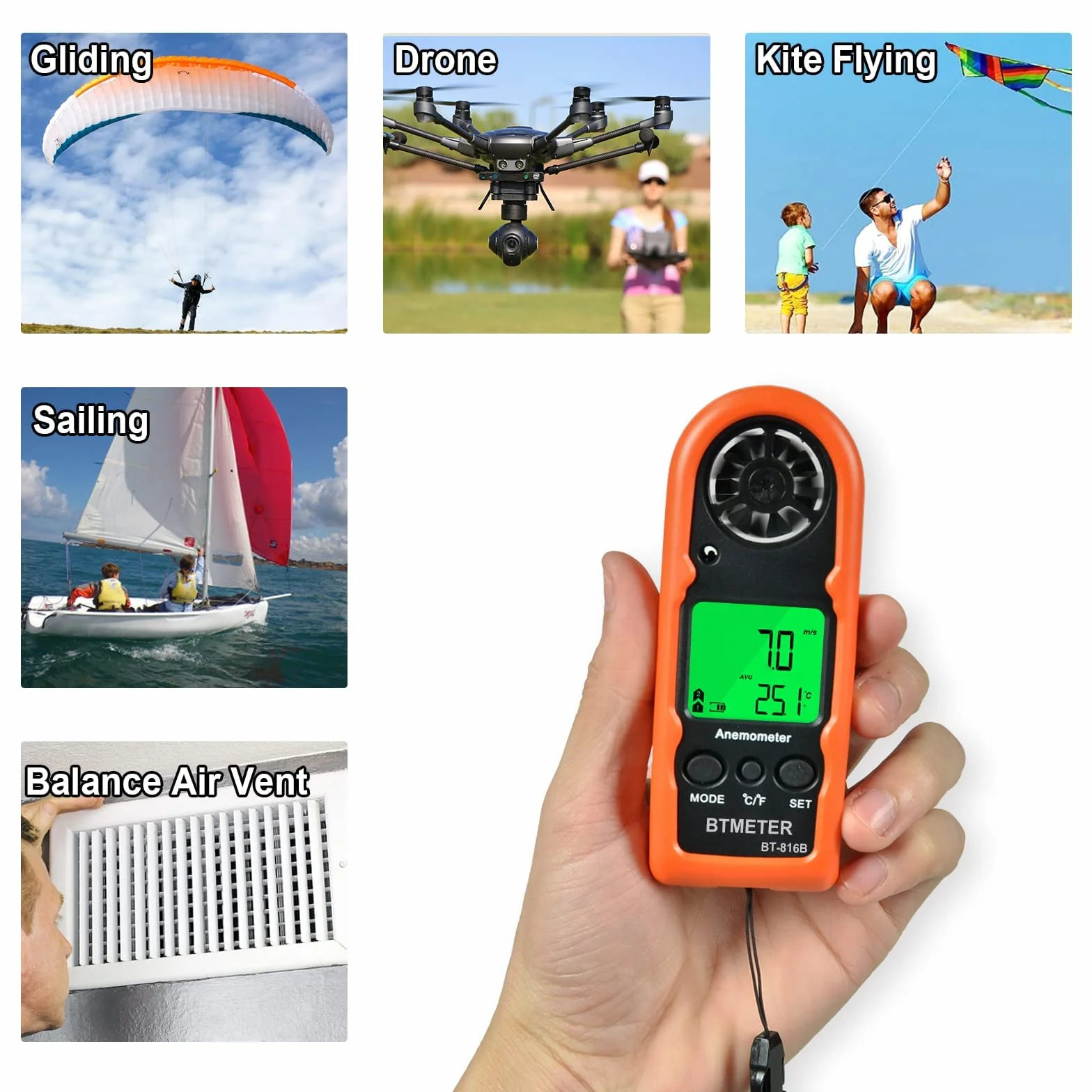 BTMETER BT-816B Anemómetro de mano digital, medidor de velocidad del viento con retroiluminación LCD
