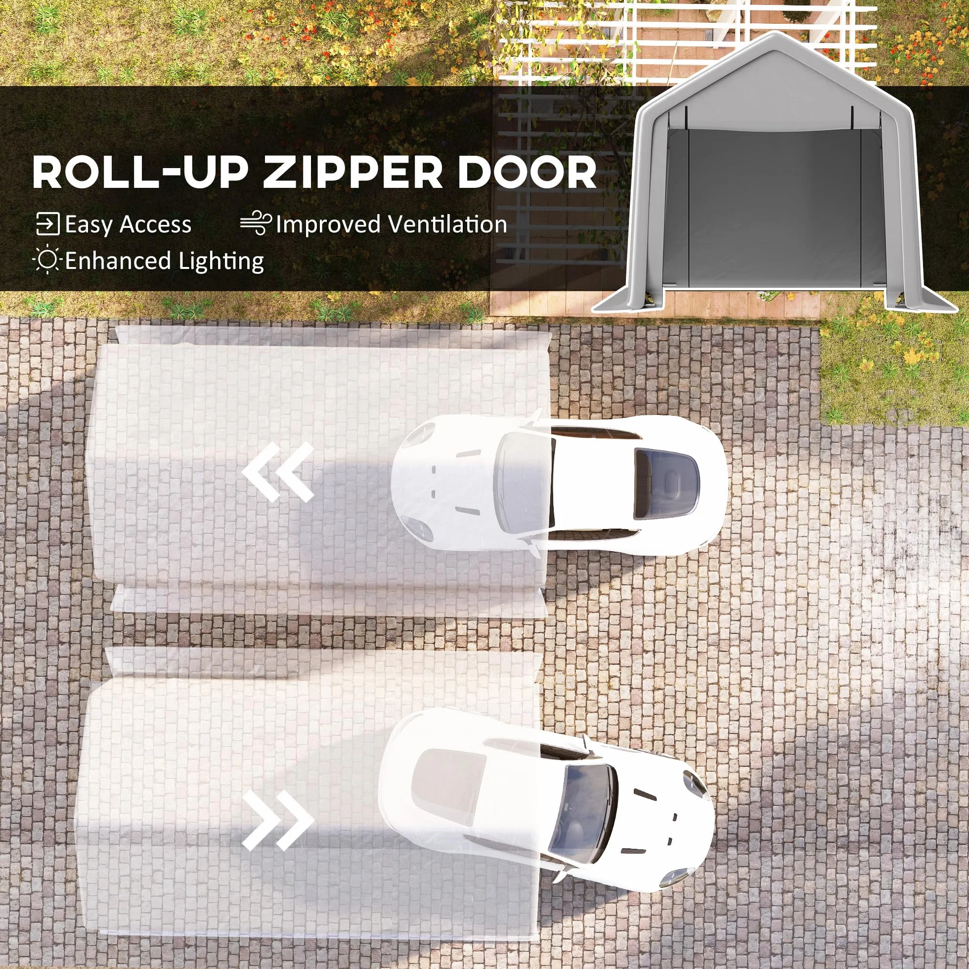 Outsunny Carport 3 x 5,2 m Cobertizo para Coche Exterior con Puerta Enrollable Gris