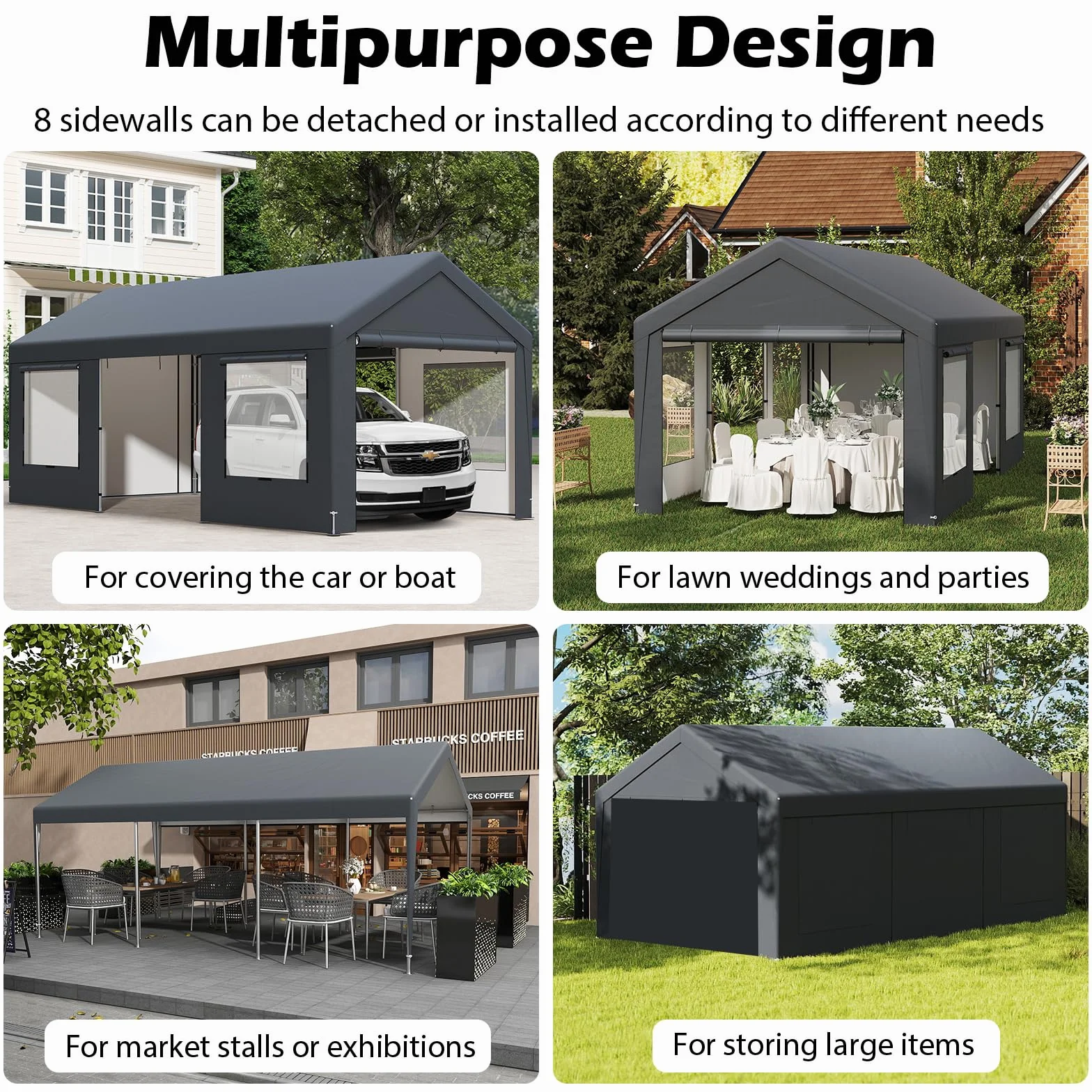 GOPLUS Garaje Impermeable 3x6 M, Carpa para Coche con 8 Paredes Laterales Desmontables, Gris