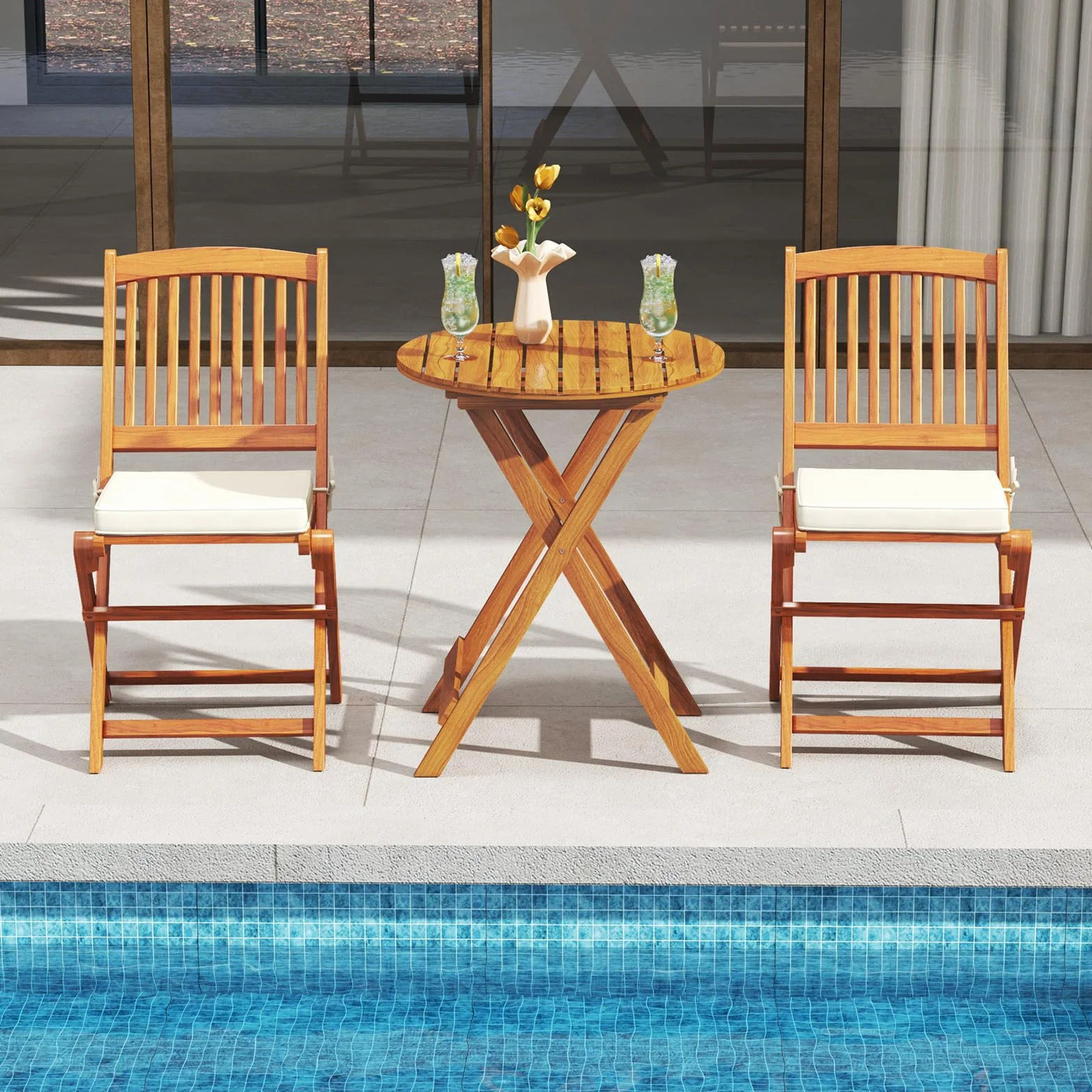 GOPLUS Juego de Mesa y Sillas para Jardín 3 Piezas, Mesa Redonda y 2 Sillas Plegables con Cojines, Madera de Acacia, Beige