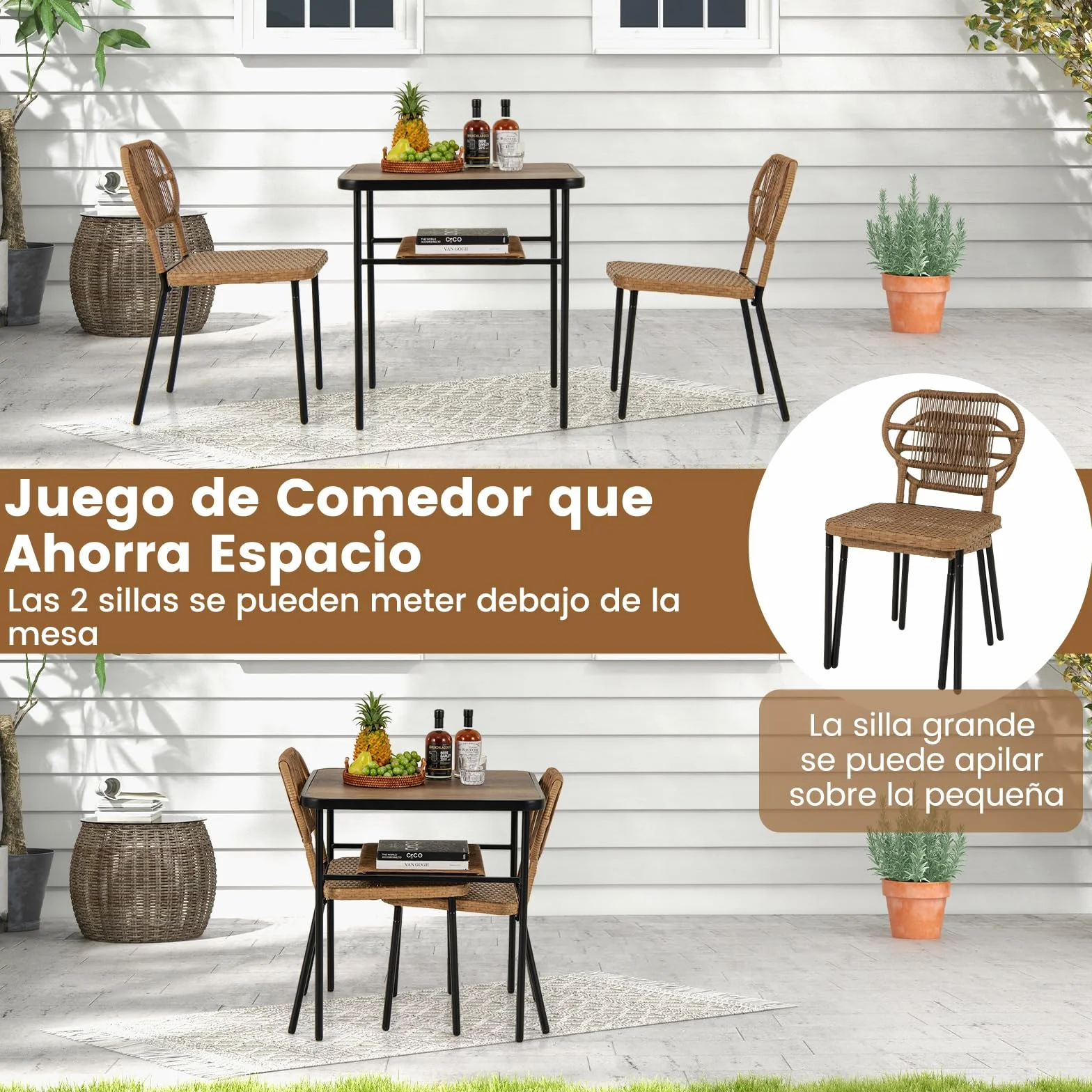 COSTWAY Conjunto Jardin Exterior de 3 Piezas, 2 Sillas de Ratán Apilables y Mesa de Comedor con Estante, Mesa y Sillas Jardin Terraza Balcon Interior Exterior