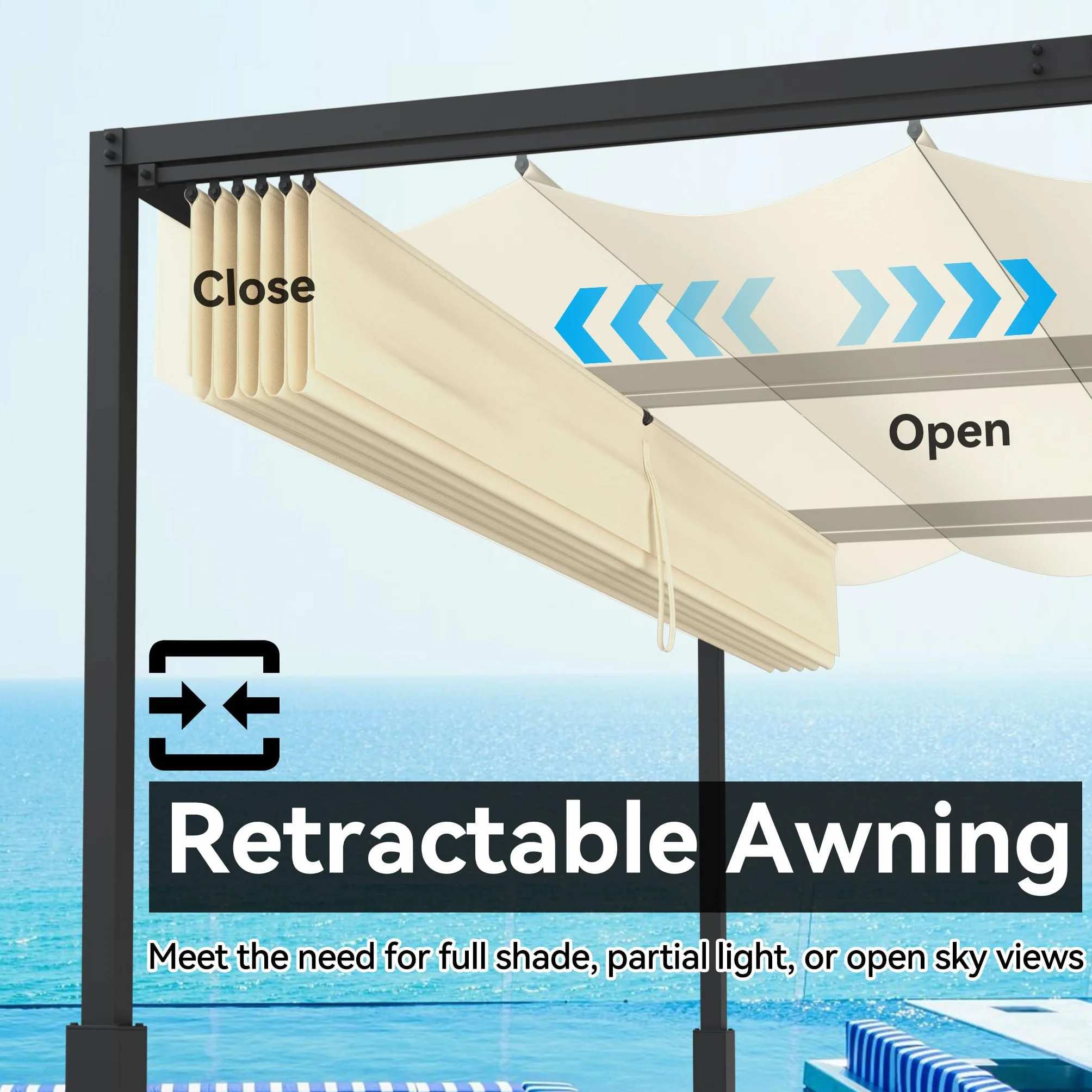 Pérgola para exteriores de 3 x 4 m, marco de metal estable, con protección solar y viento, techo solar, toldo retráctil para jardín, terraza y balcón (beige)