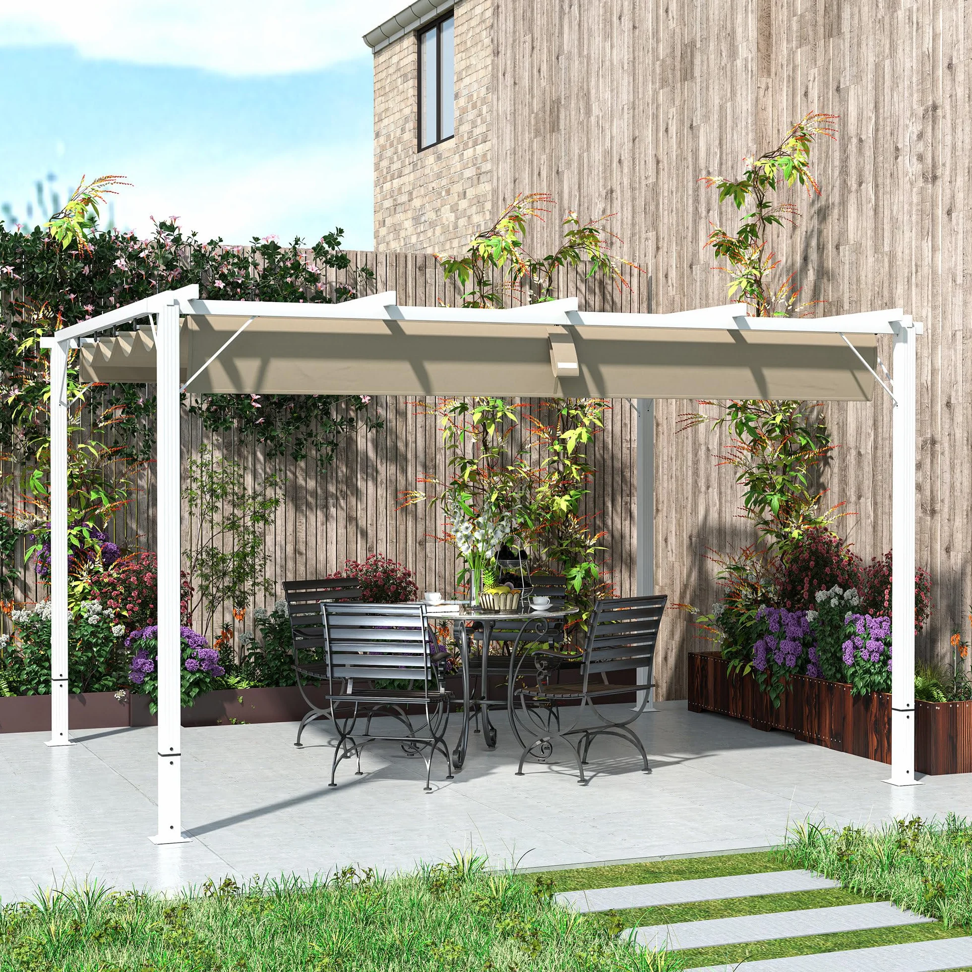 Outsunny Pérgola Exterior Aluminio Retráctil 3x4 m, Cenador Techo Poliéster 180g/m², Protección Solar UPF30+, Blanco