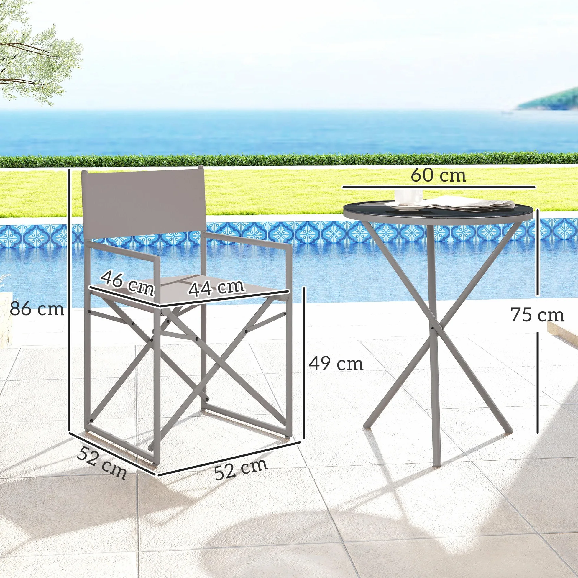 Outsunny Conjunto de Muebles de Jardín de 3 Piezas con Sillas Plegables y Mesa de Vidrio Templado Gris Oscuro