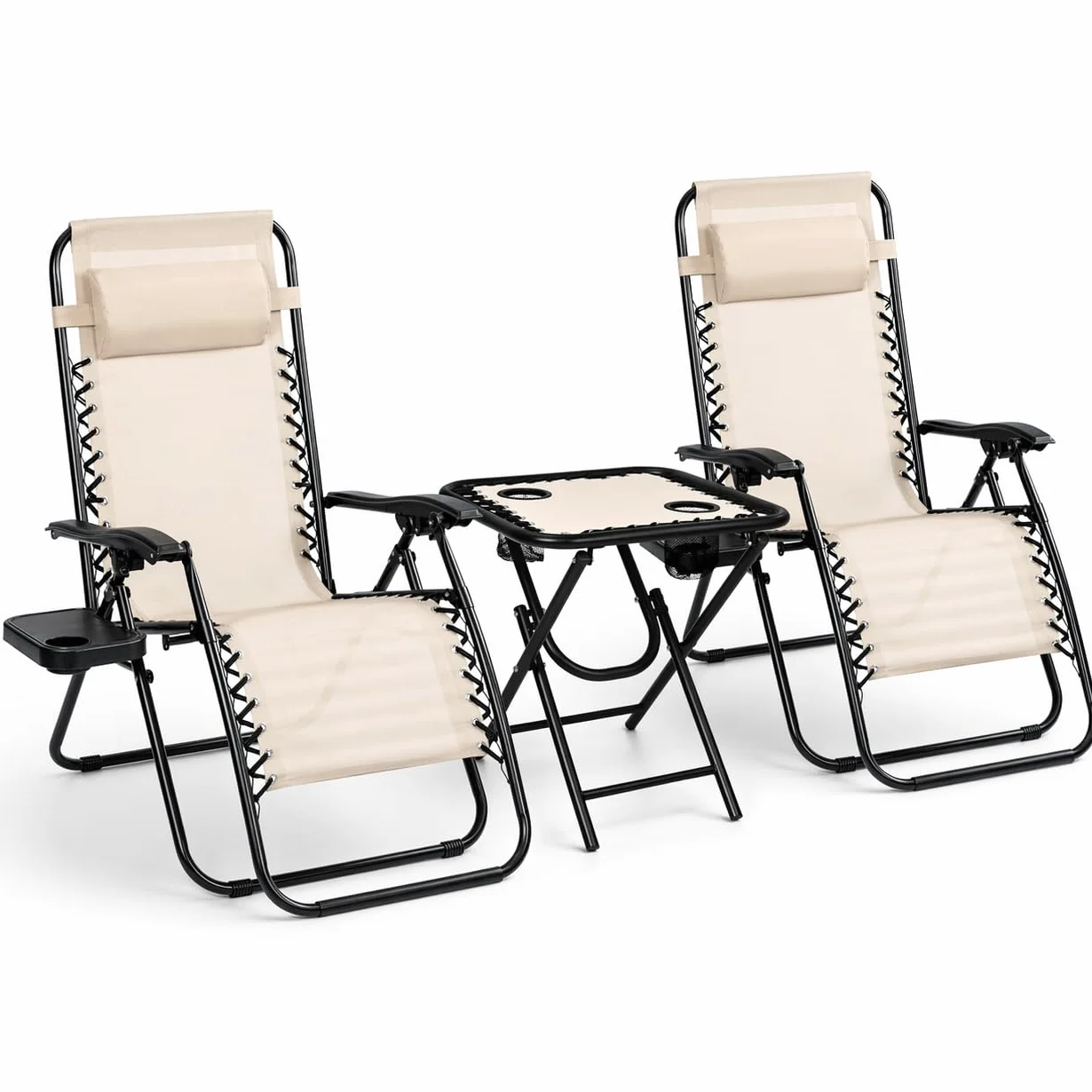 Pack 2 Tumbonas Plegables Reclinables Exterior Gravedad Zero Acero Ligero Portavasos Beige