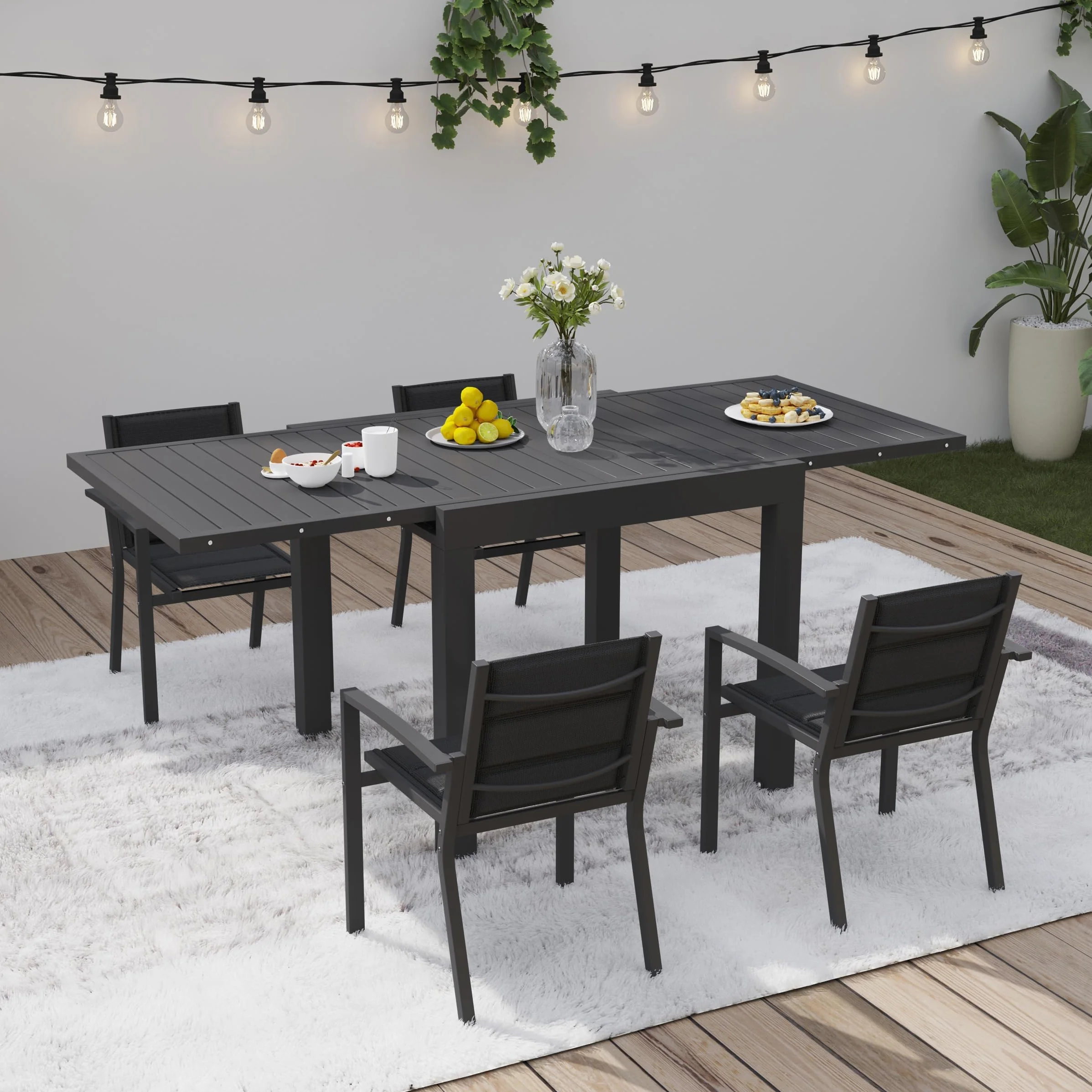 Devoko Conjunto Jardin Exterior 4 Personas, Mesa y Sillas De Comedor De Aluminio 4+1, 4 Sillas Apilables de Aluminio y 1 80-160CM Mesa Jardin Extensible, Muebles Jardin, Gris Oscuro