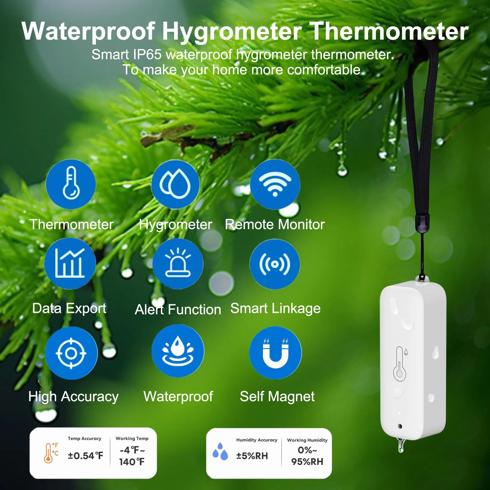 Termómetro higrómetro inteligente: medidor de humedad y temperatura impermeable con notificación de alarma por aplicación, sensor WiFi automagnético para interiores y exteriores, compatible con Alexa