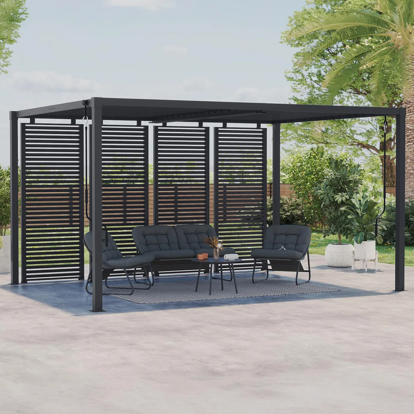 Pérgola bioclimática acero 3x4 M persianas horizontales gris antracita