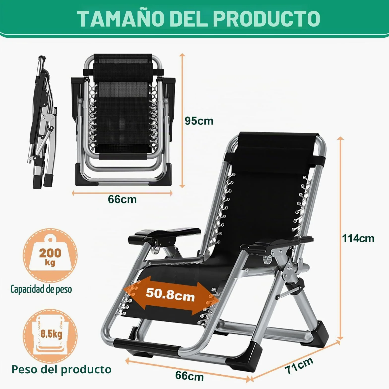 Tumbona Ryuhic para jardín, silla de gravedad cero ajustable, resistente con cojín y reposacabezas, bolsillo, soporta 200 kg, sillas reclinables plegables