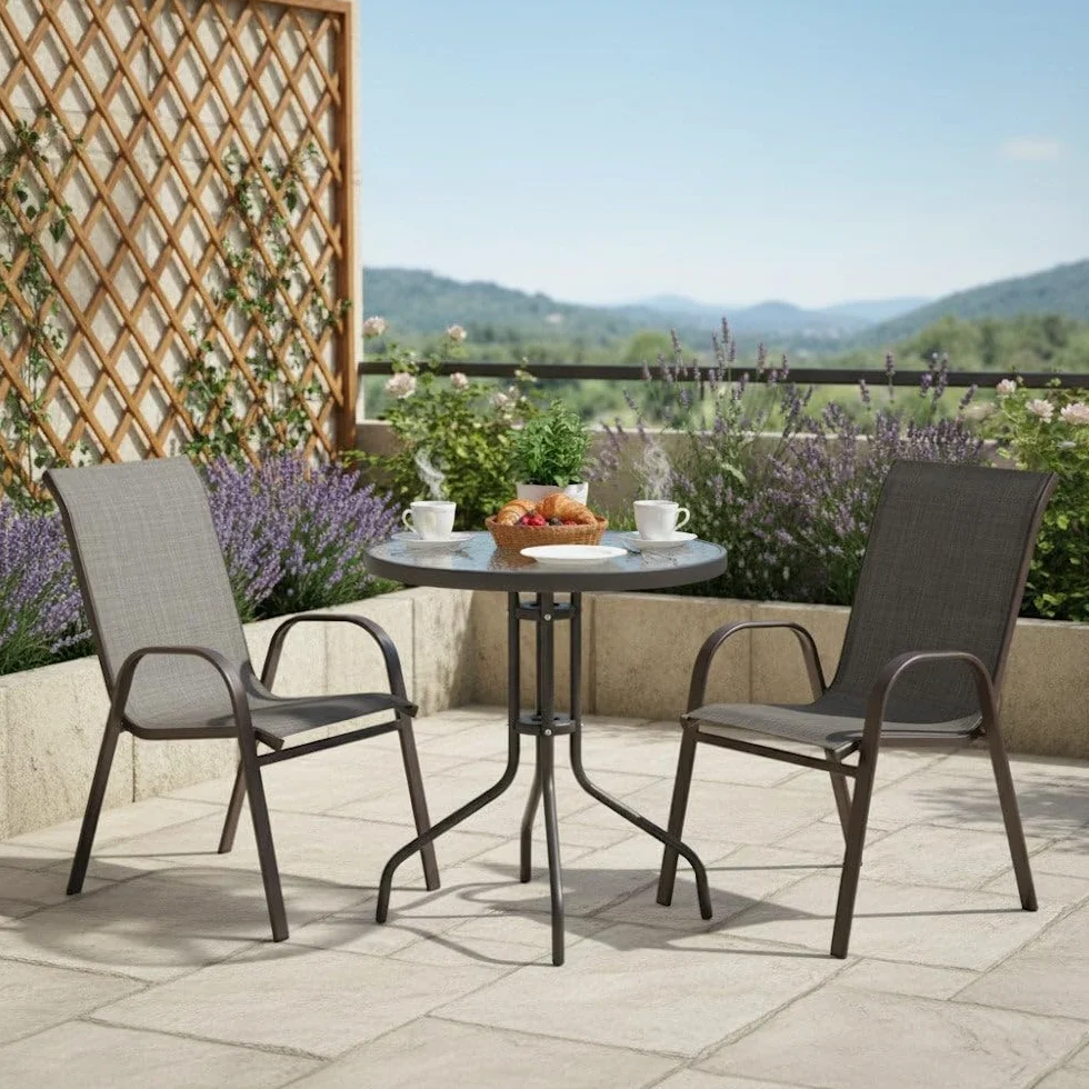 MONTY Conjunto Exterior Mesa 60 cm Acero Cristal Templado 2 Sillas Textileno Antracita