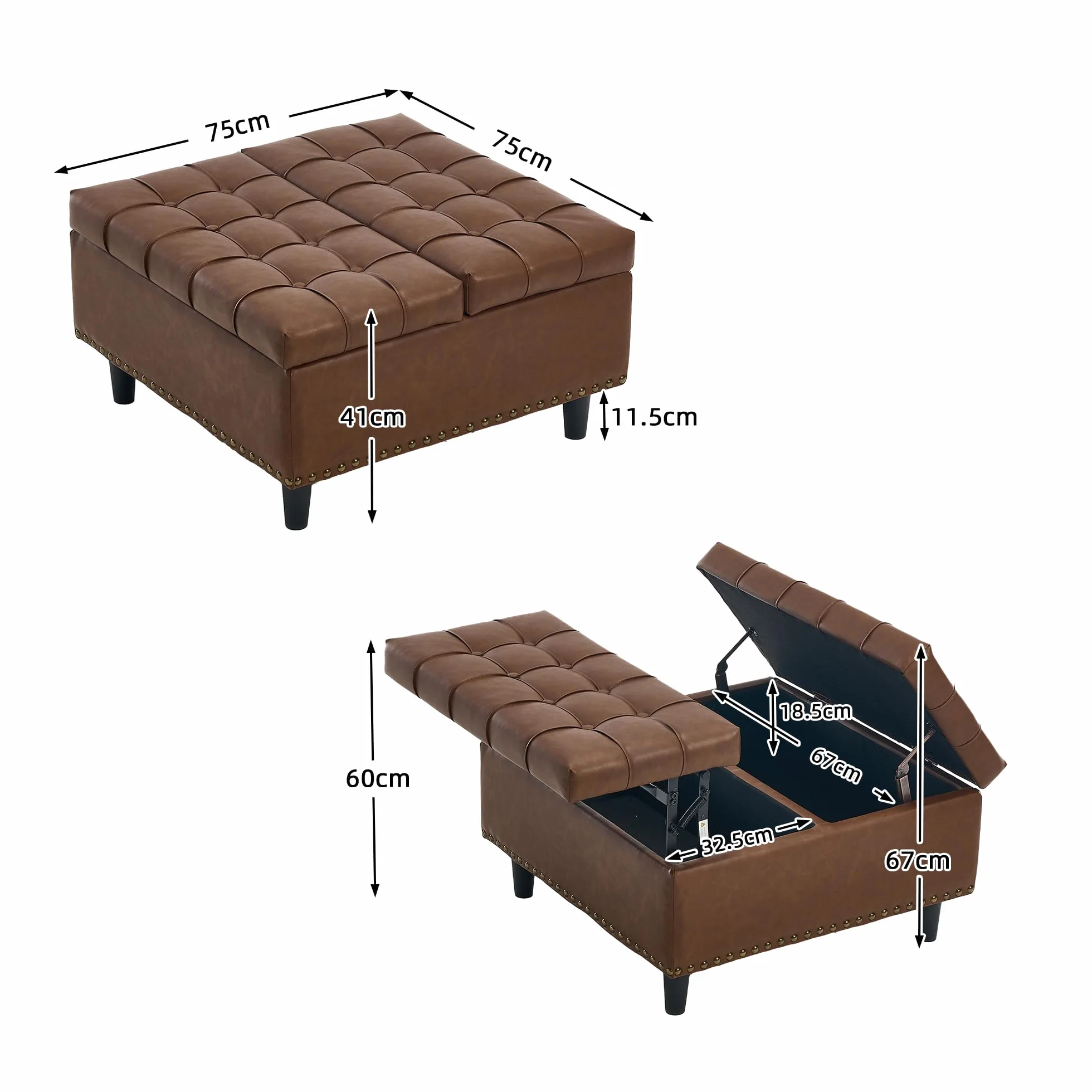 Silla de almacenamiento grande cuadrada banco elevable caja acolchada marrón PU