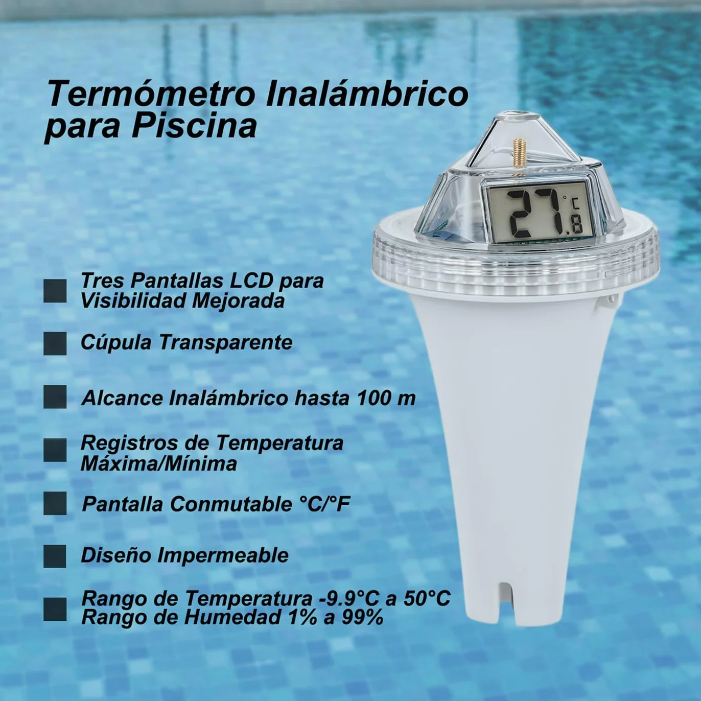 Termómetro Flotante Inalámbrico para Piscina con 3 Pantallas LCD Monitor de Temperatura de Agua Exterior