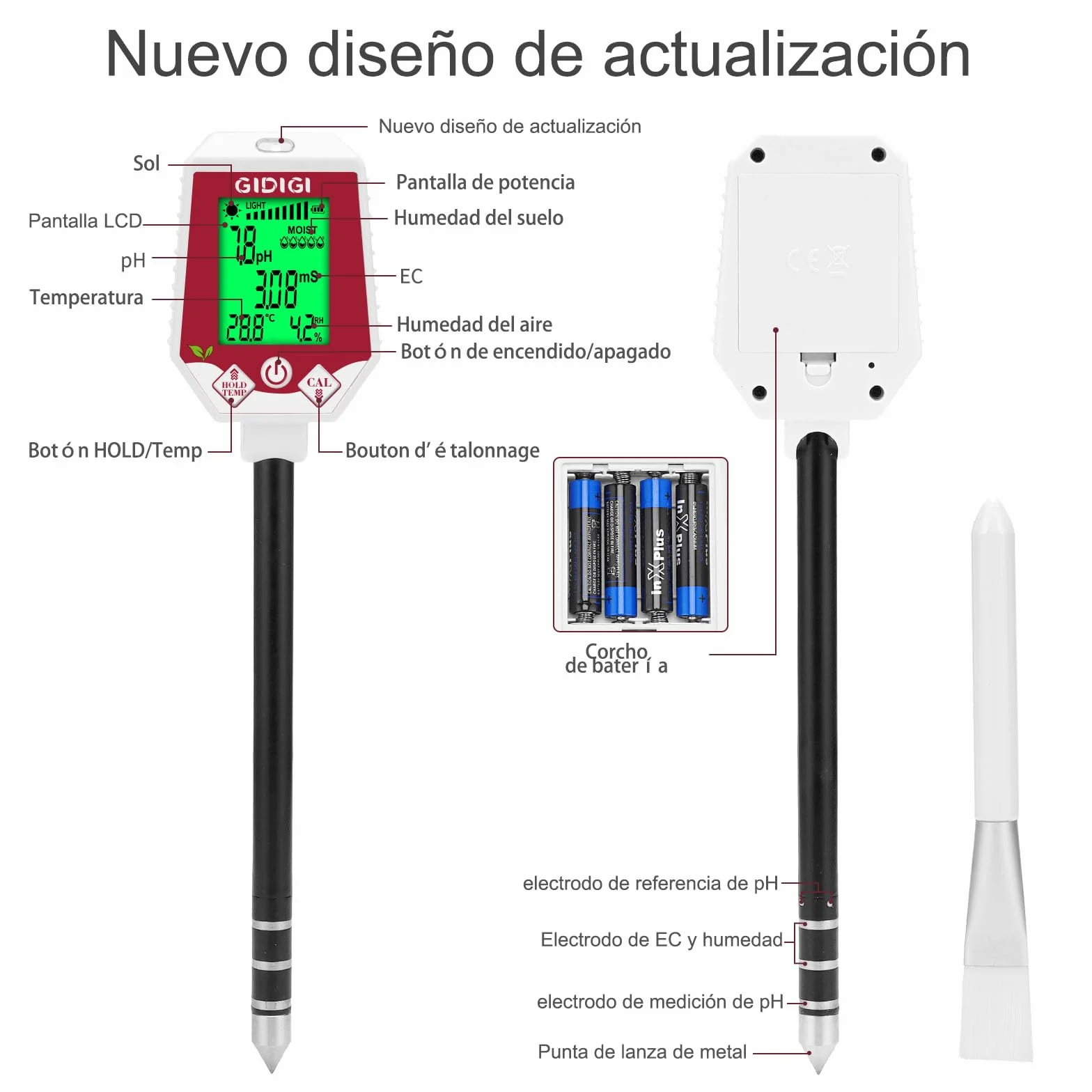 Medidor de pH y Humedad del Suelo 6 en 1, Monitor Digital para Plantas, Jardinería y Agricultura