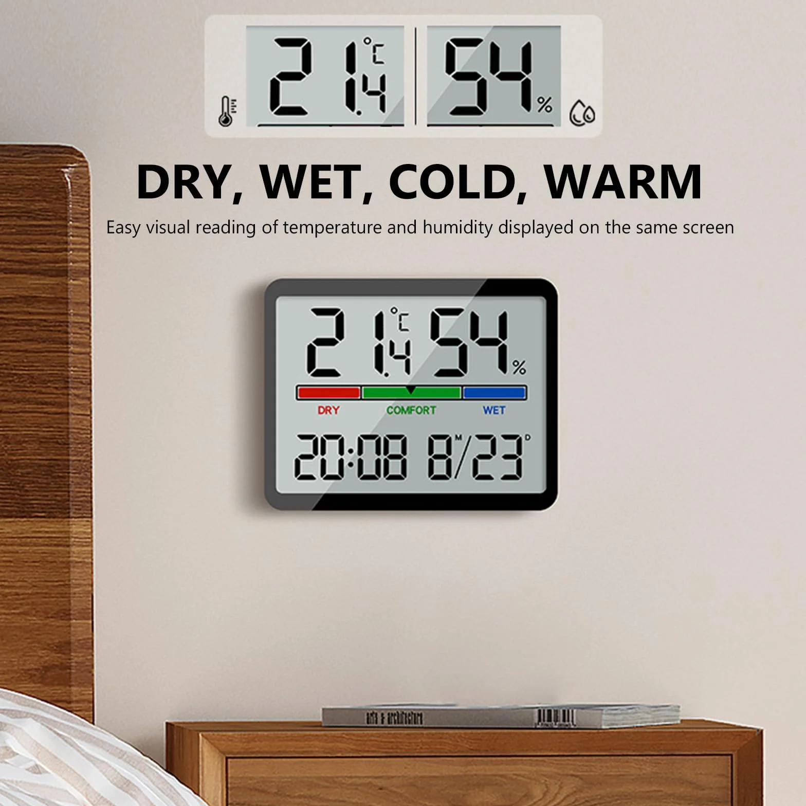 ALLOMN Higrómetro interior digital, medidor de humedad y temperatura, pantalla LCD, termómetro con reloj para invernadero (negro)