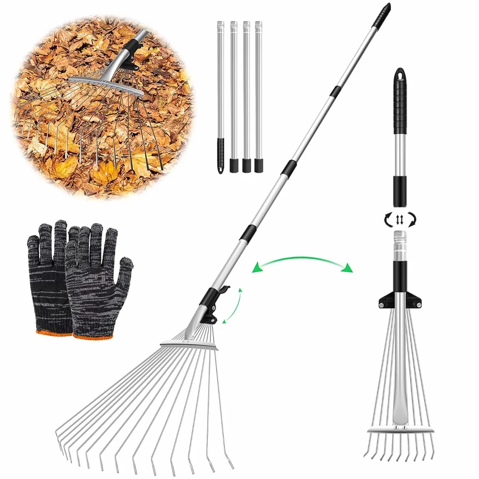 Rastrillo de Hojas Ajustable con Mango de 215 cm para Jardín, Césped y Patio