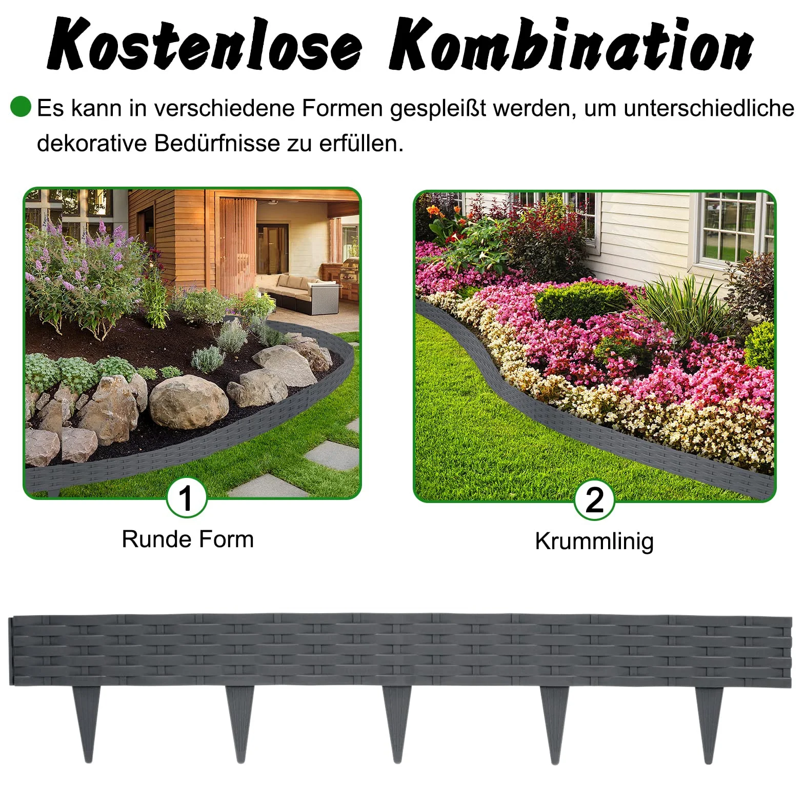 Froadp 100cm Imitación de Ratán Delimitadores de Bordes para Jardín, Borduras de Cama Flexible de Plástico, Bendable Vallas de Césped para Parterres, Empalizadas Bordillos (30 Piezas, Antracita)