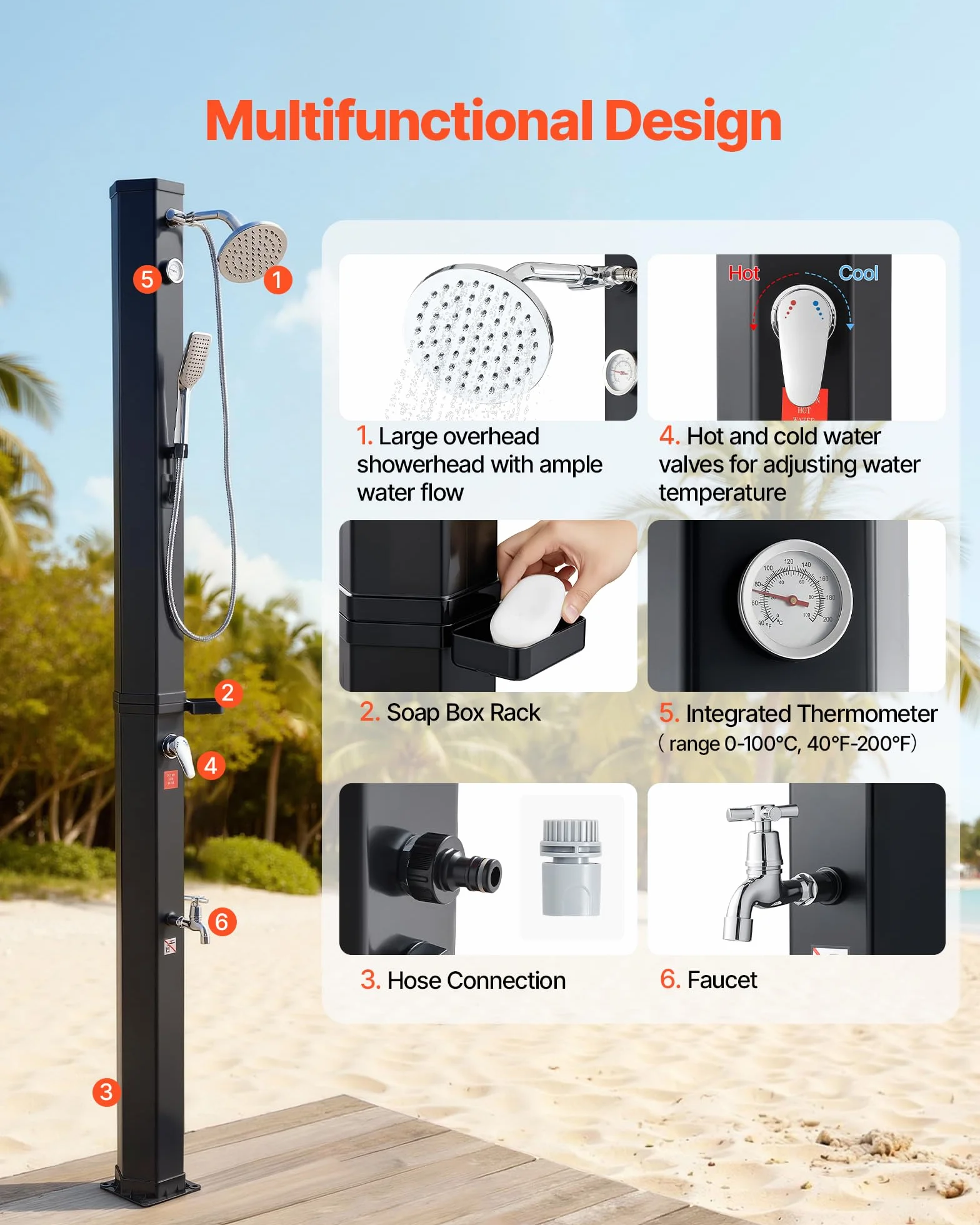 VEVOR Ducha Solar 40 litros 205 cm Exterior Grifo Rociador Cabezal Giratorio 360° Agua Fría Caliente PVC Reforzado Negro