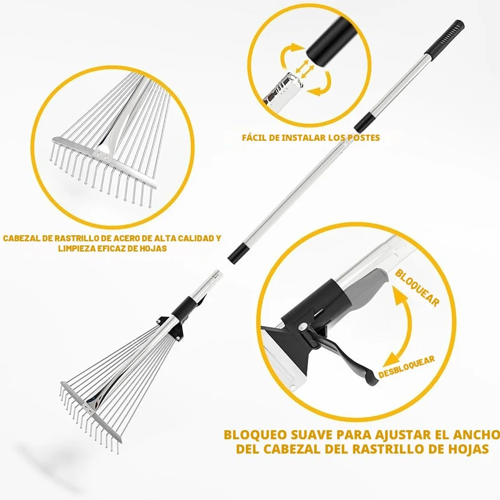 Rastrillo de Hojas Ajustable con Mango de 215 cm para Jardín, Césped y Patio