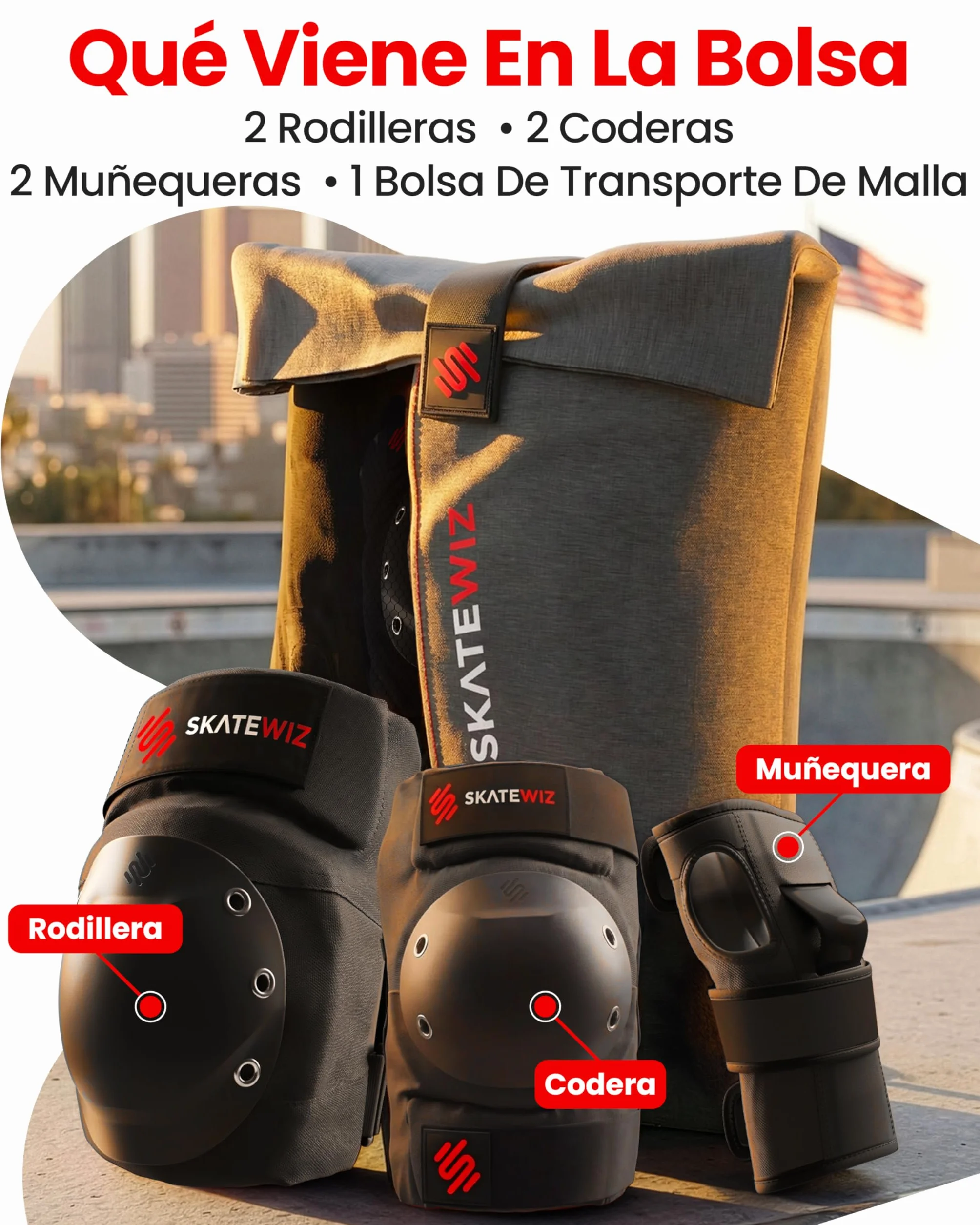 SKATEWIZ Rodilleras Patines Adulto Protectores Patines en Línea Skate Scooter Coderas SHIELD Talla M/L Negro