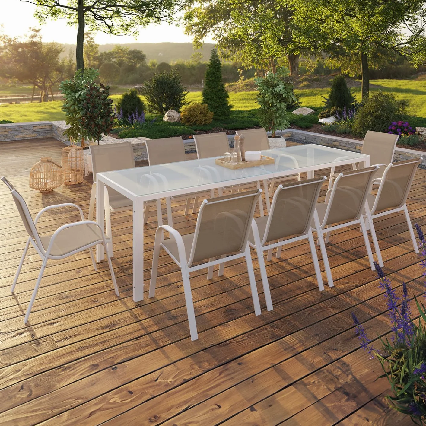 IDMarket - Muebles de Jardín Madrid Mesa 240 CM y 10 sillas apilables Blanco y Beige