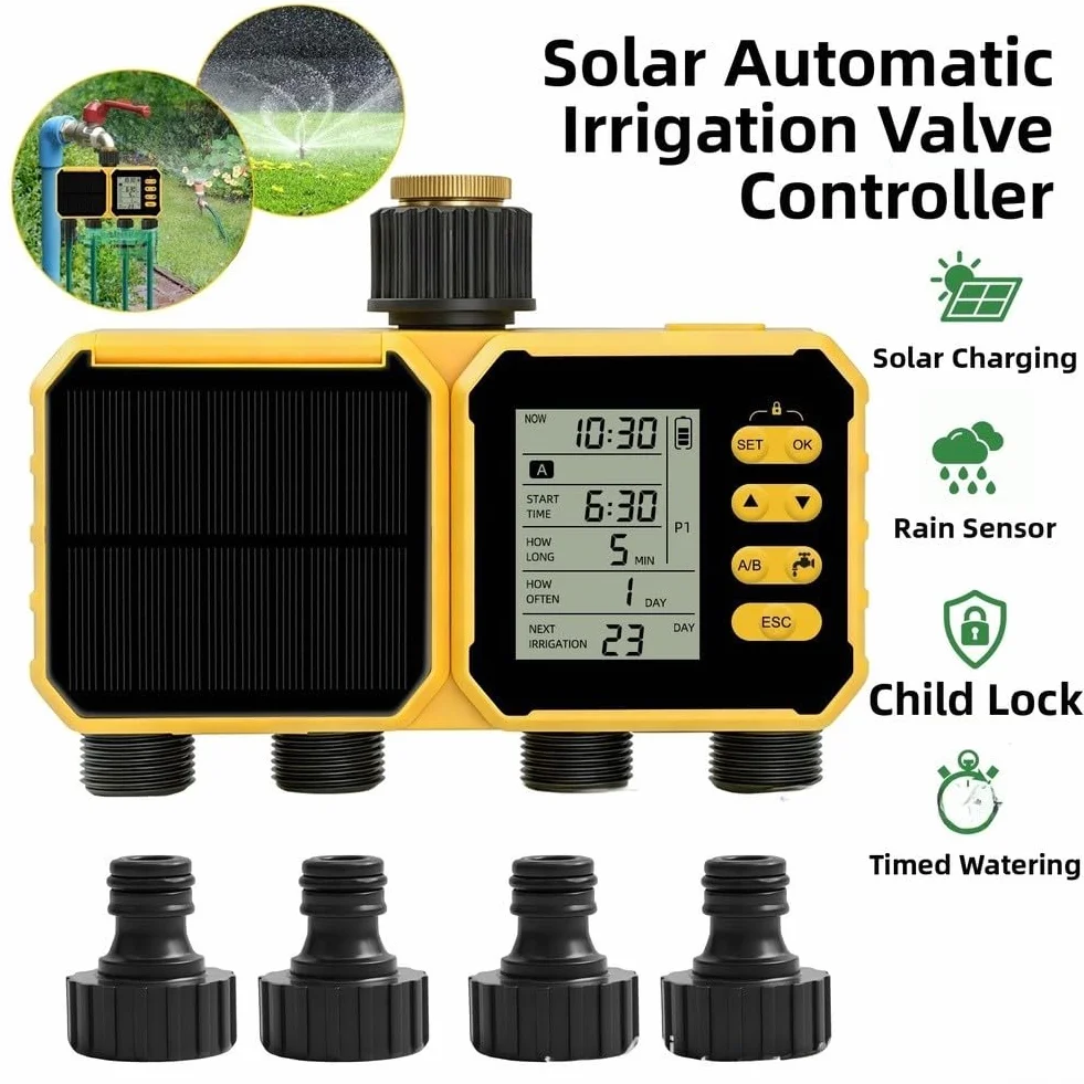 Controlador solar de riego de 4 canales, temporizador de riego de jardín, material de latón con sensor de lluvia y respaldo USB, para automatización de invernadero de césped, cama de flores, vegetales