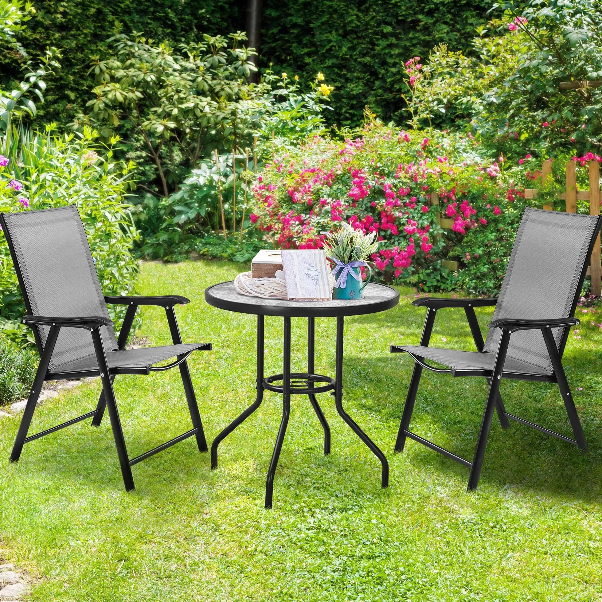 Yaheetech Conjunto Jardín Exterior 2 Personas 2 Sillas Plegables Mesa 70cm Diámetro Orificio Sombrilla